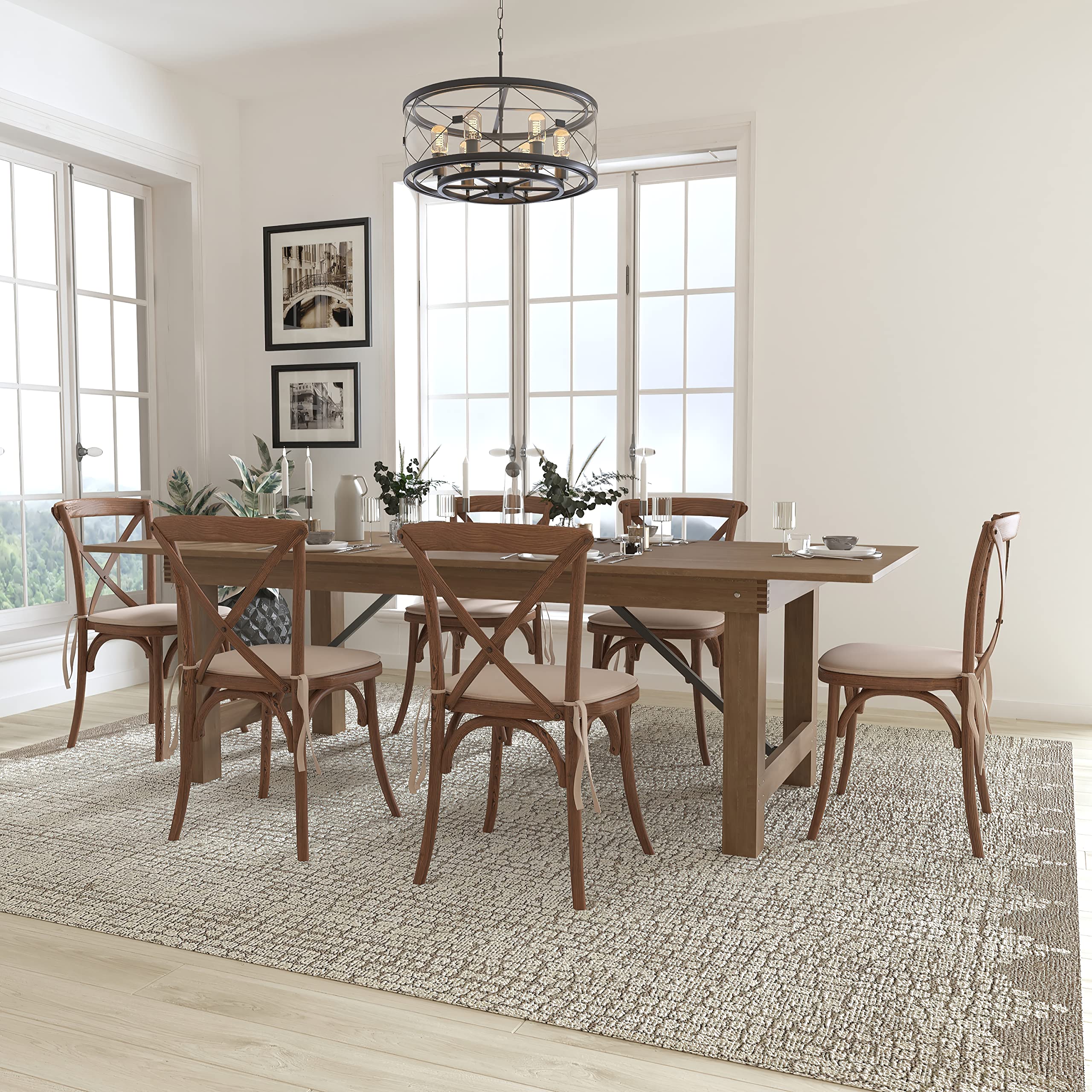 Flash Furniture HERCULES Series 8' x 40'' Antique Rustic Folding Farm Table Set with 6 Cross Back Chairs and Cushions