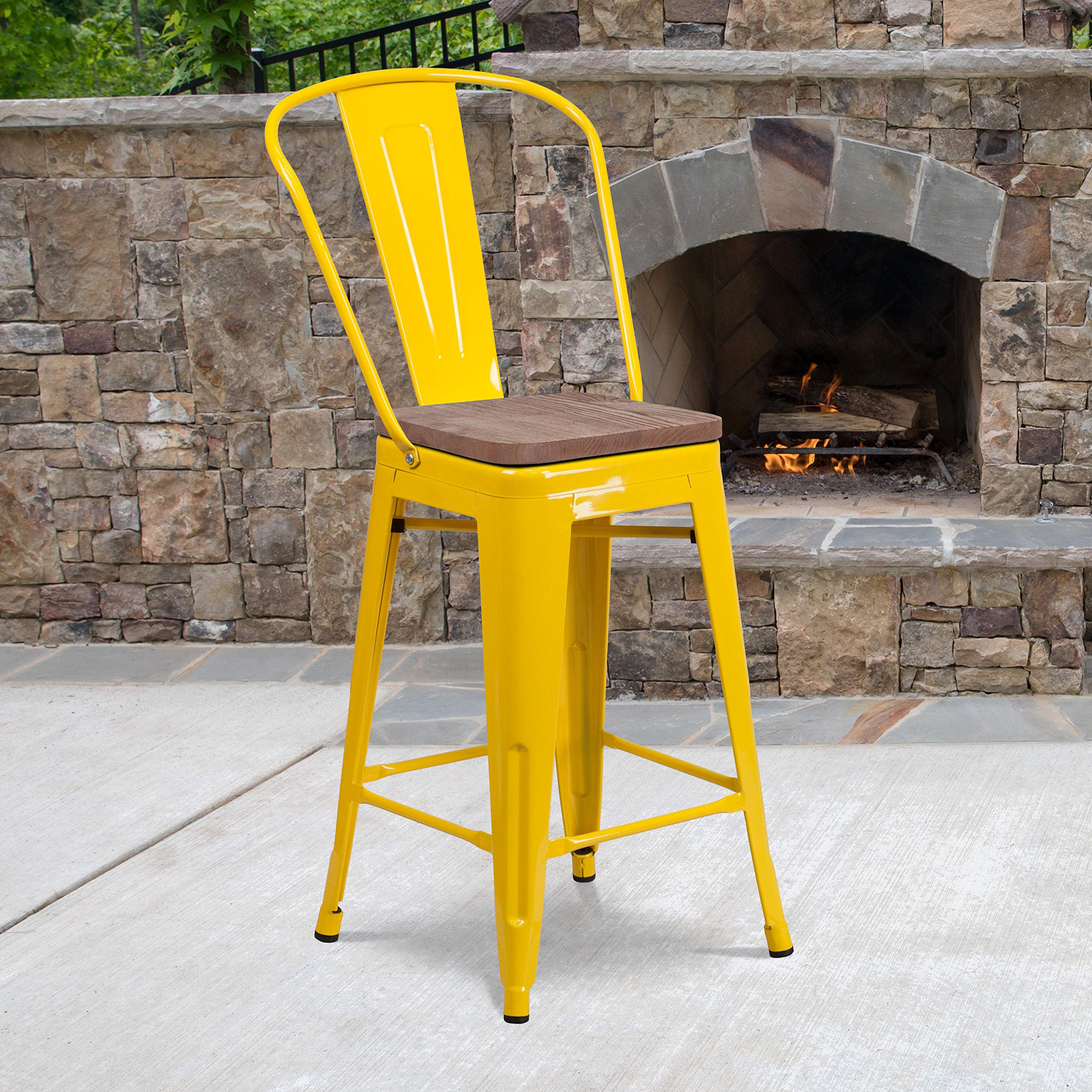 Flash Furniture Lily 24 High Yellow Metal Counter Height Stool with Back and Wood Seat (Pack of 1)