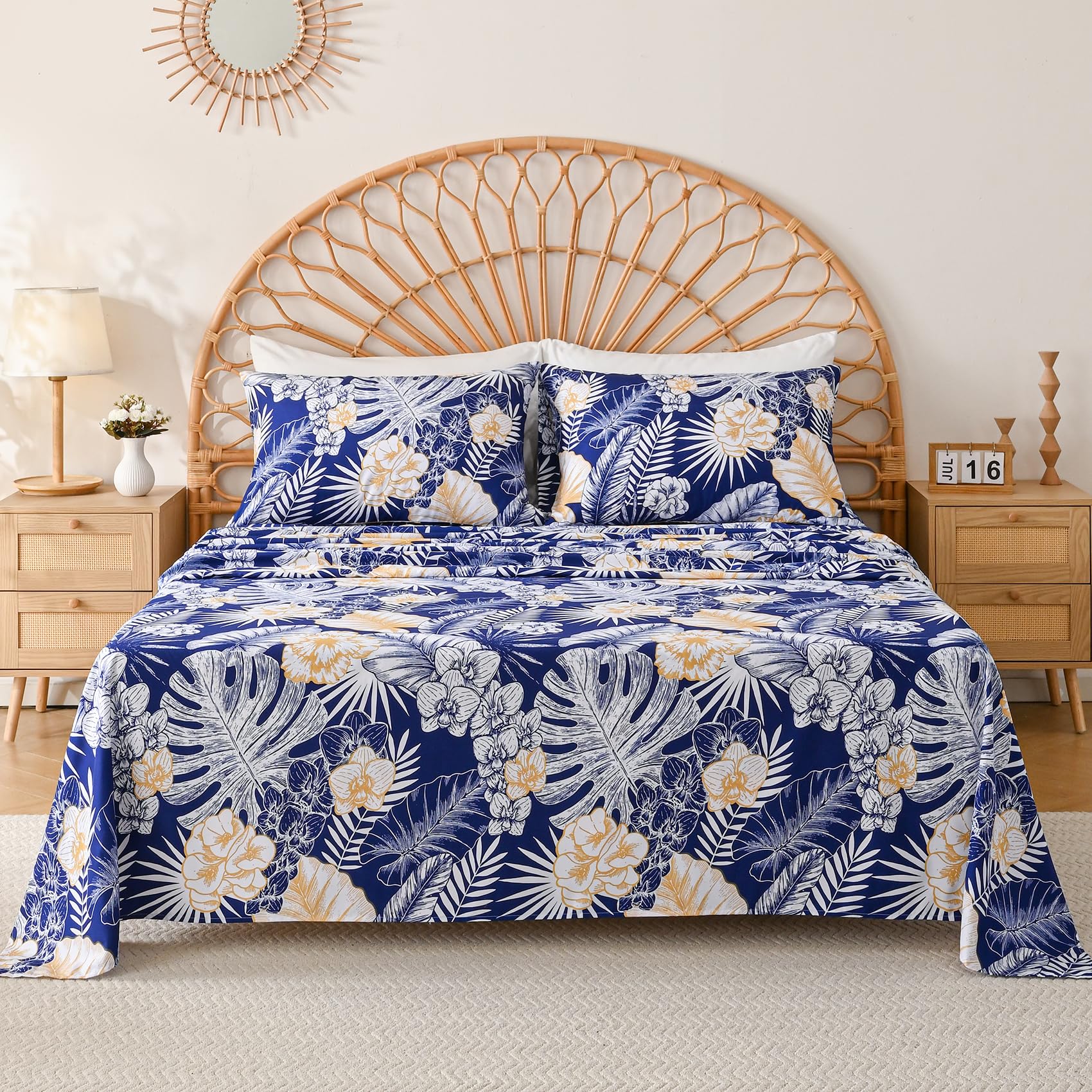 Yibeizi Blue Floral Sheets Queen Cute Daisy Flower Pattern Bed Sheet Set Botanical Bedding Sheets & Pillowcases Soft Microfiber