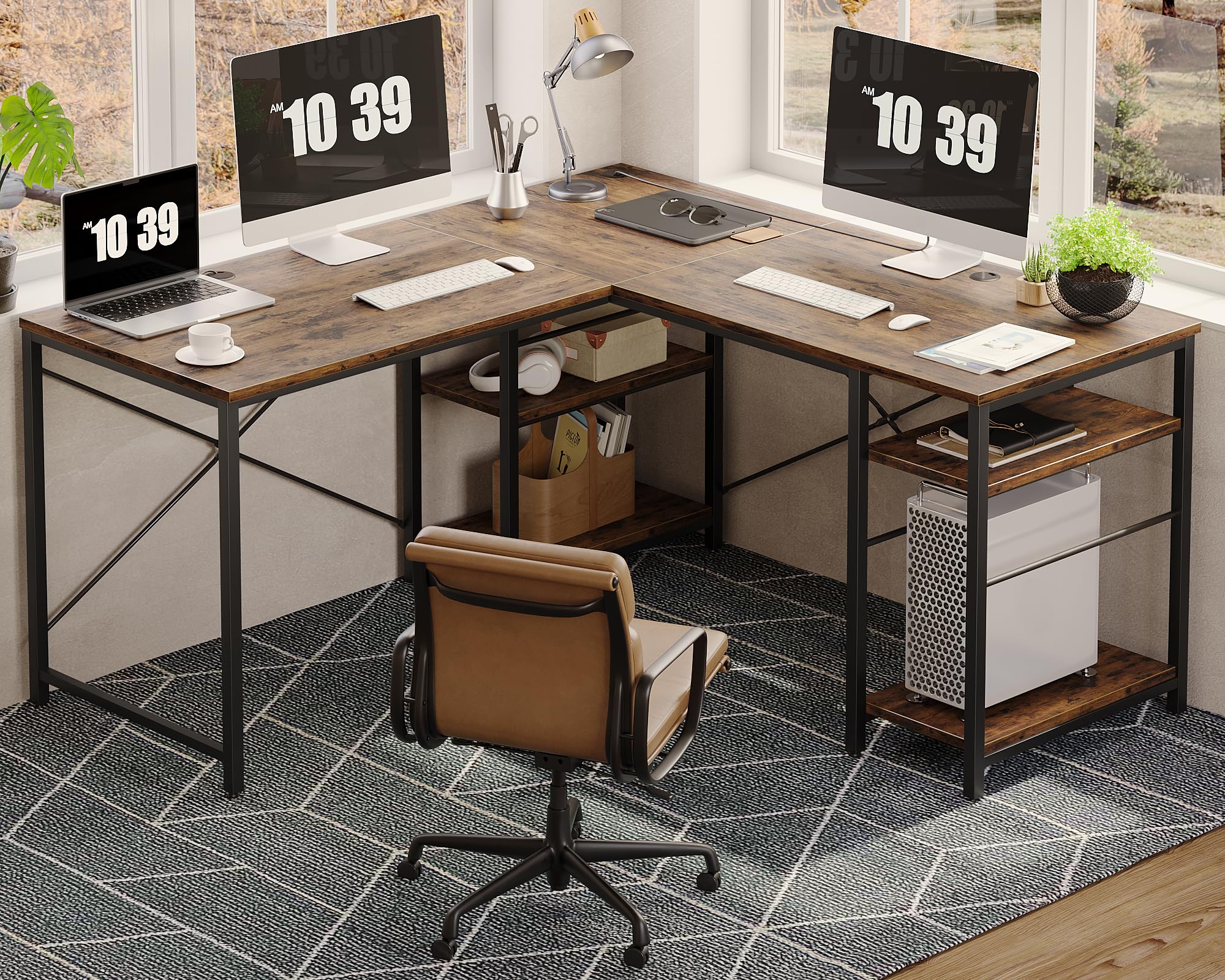 Bestier L Shaped Desk, 95.2 Inch Reversible Corner Computer Desk With Shelves, 2 Person Long Table For Home Office, Large Writing Storage Workstation With 3 Cable Holes, Rustic Brown