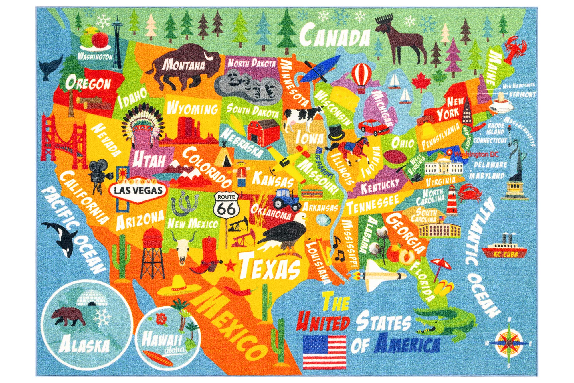 Kc Cubs Playtime Collection Usa United States Map Educational Learning & Game Area Rug Carpet For Kids And Children Bedrooms And