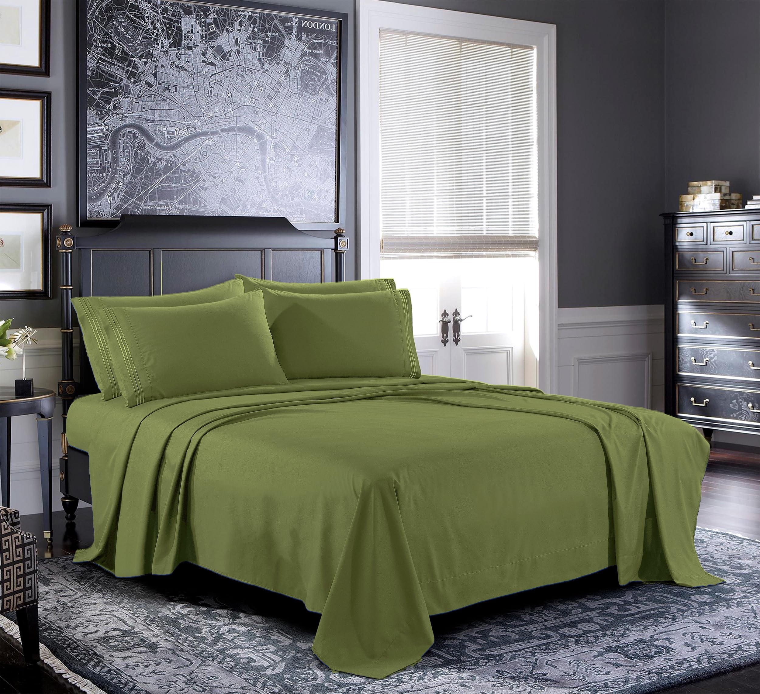 Pure Bedding Bed Sheets - Queen Sheet Set [6-Piece, Olive Green] - Hotel Luxury 1800 Brushed Microfiber - Soft And Breathable -