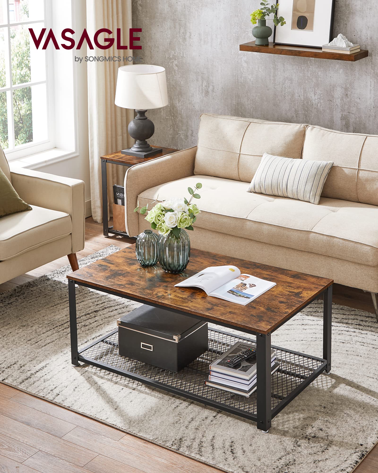 VASAGLE Coffee Table, 2-Tier Industrial Design, Steel Frame, 23.7"D x 41.8"W x 17.7"H, Rustic Brown, Model ULCT61