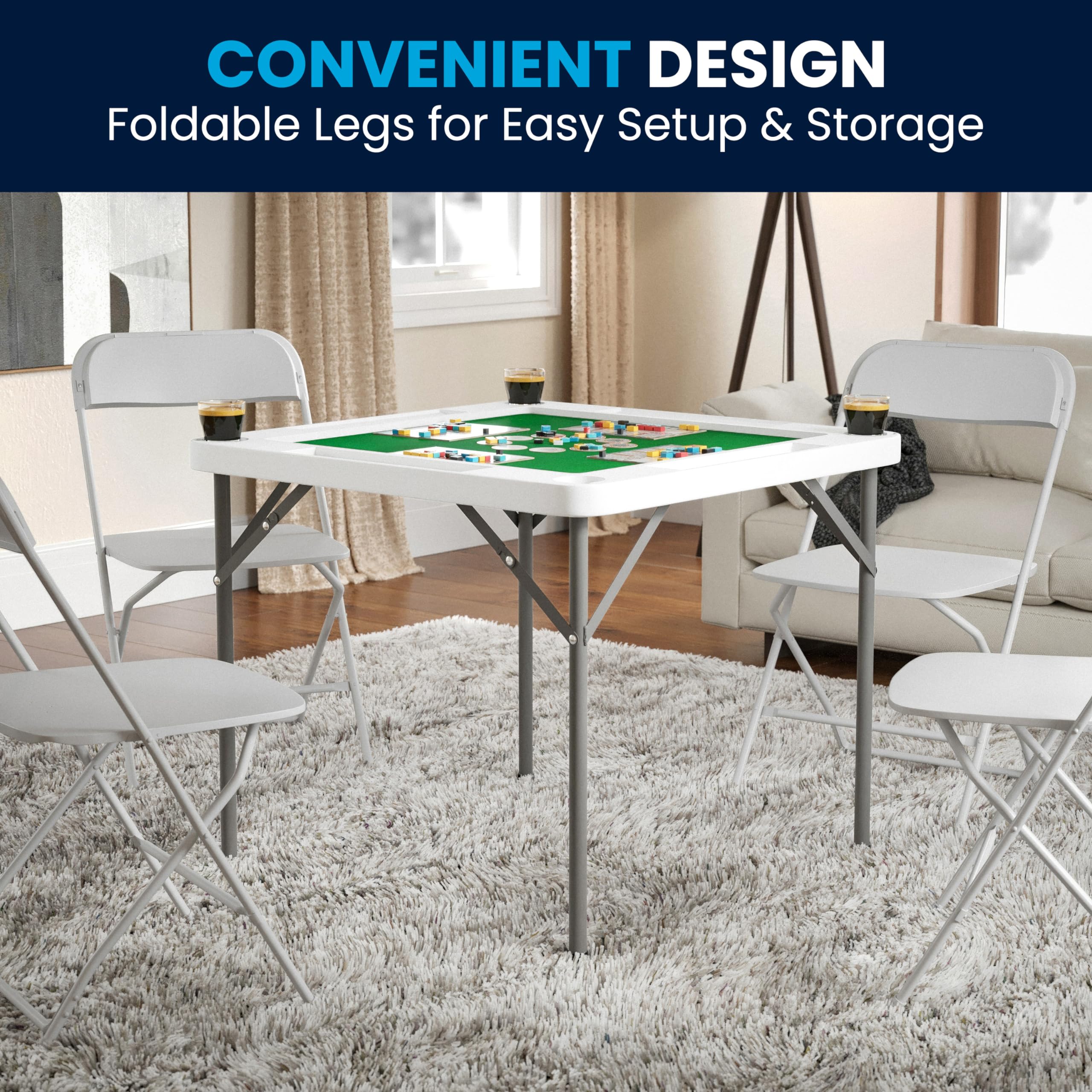 Flash Furniture Silas 34.5" Square Folding Card Table with Felt Green Surface and Cup Holders, Portable Folding Game Table for 4 Players, White/Green