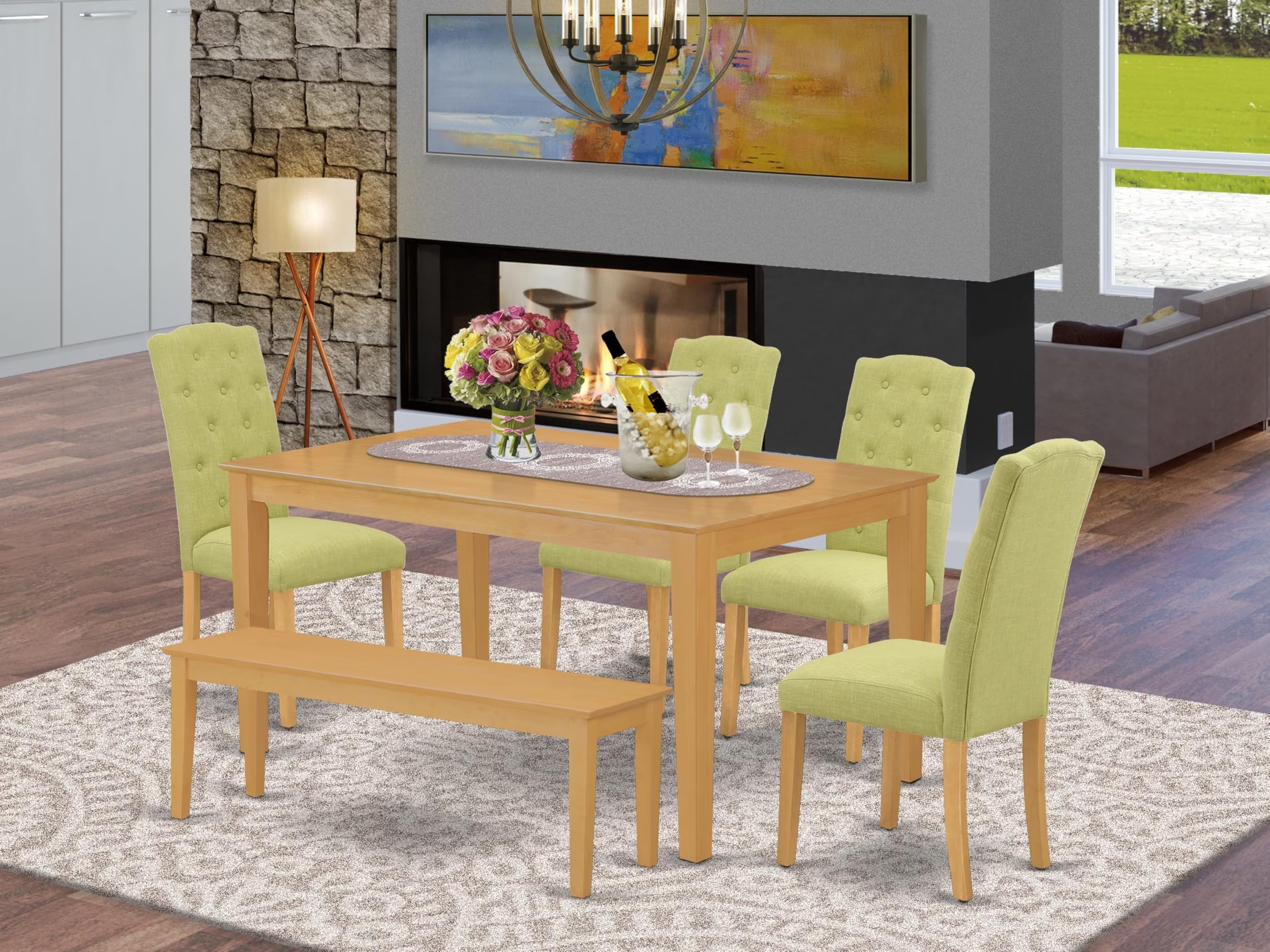 East West Furniture CACE6-OAK-07 6 Piece Dining Room Furniture Set Contains a Rectangle Dining Table and 4 Limelight Linen Fabric Upholstered Chairs with a Bench, 36x60 Inch, Oak