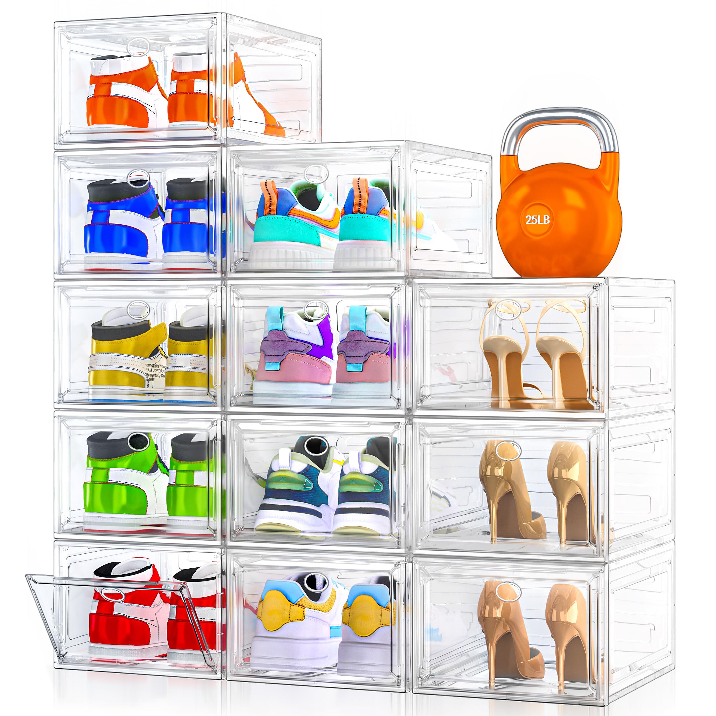 12 Pack Clear Shoe Storage Organizer with Magnetic Door,Stackable Plastic Shoe Boxes for Sneakers,Boots,and Heels,Space-Saving F