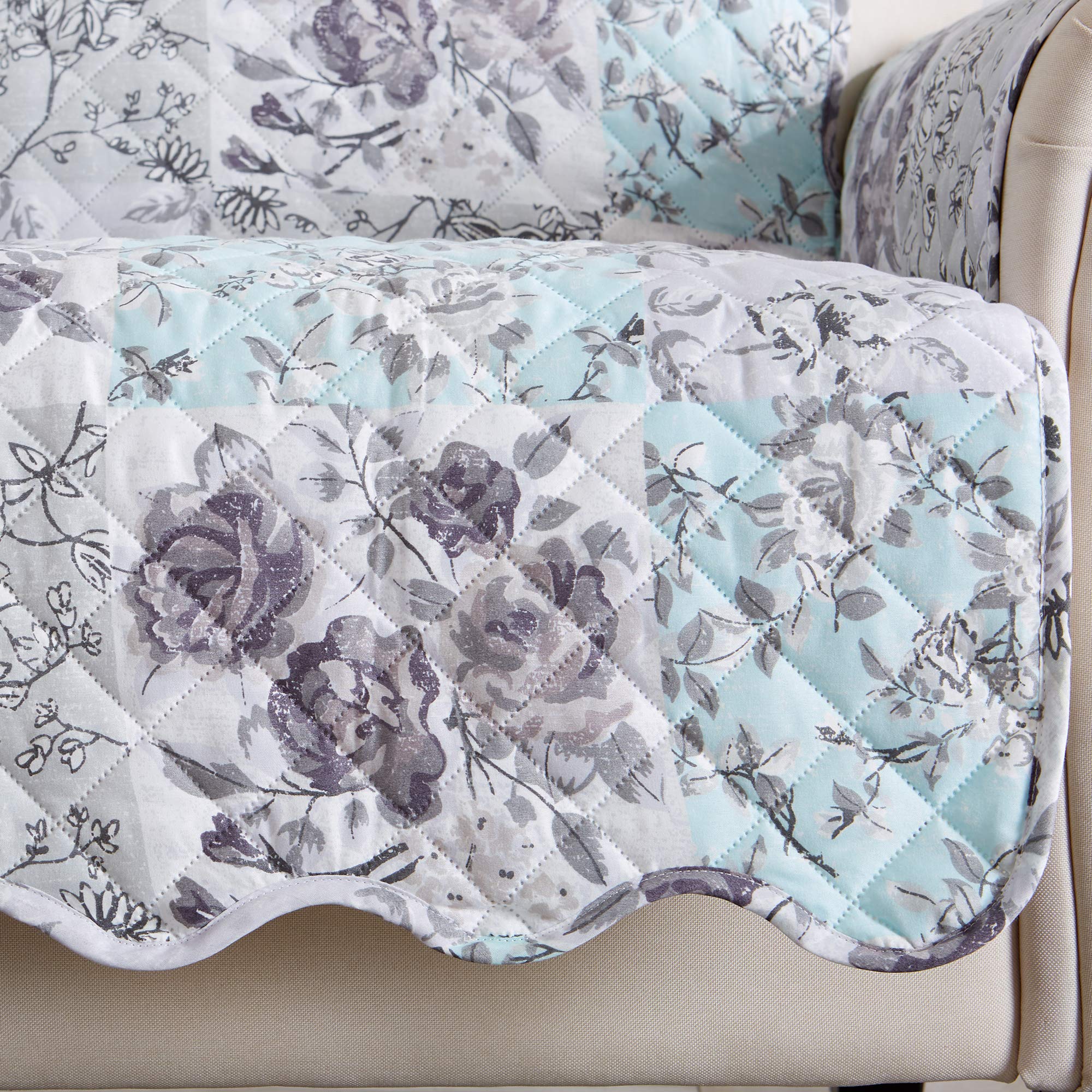 Reversible Floral Patchwork Furniture Protector Scalloped Edge Stain Resistant Printed Furniture Protector Maribel Collection (Sofa, Gray/Aqua)