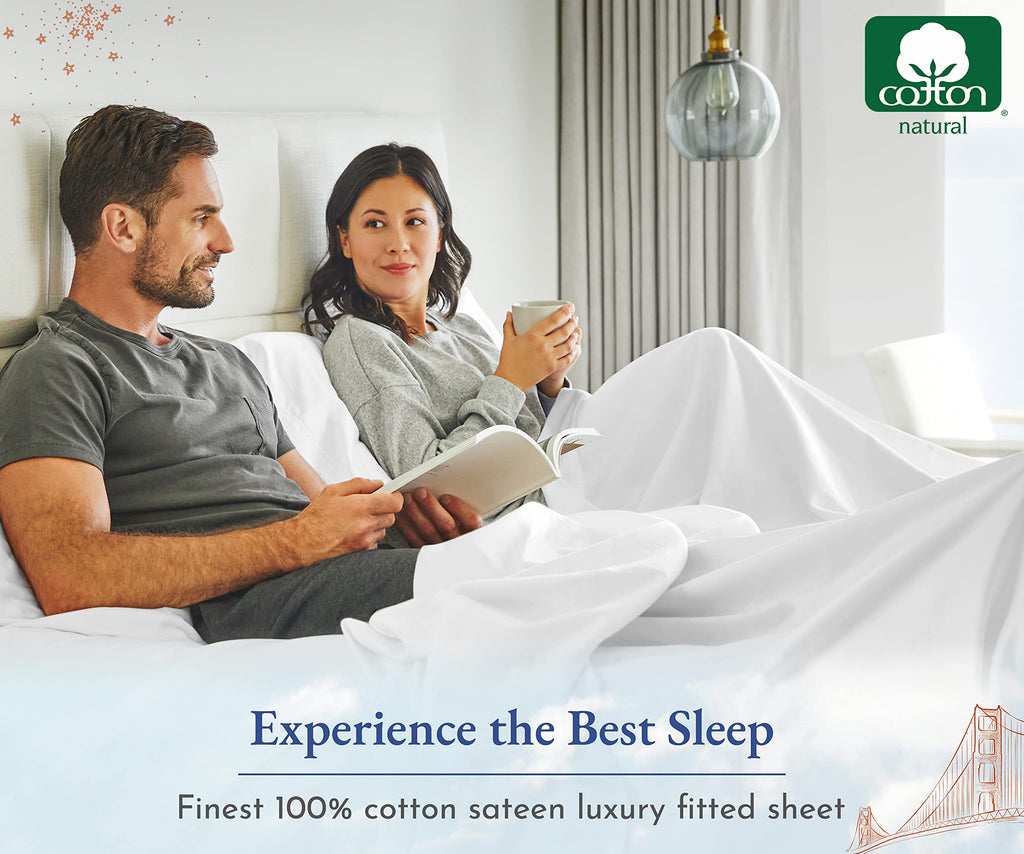 California Design Den Queen Fitted Sheet Only Cotton, Deep Pocket Soft 400 Thread Count 100% Cotton Sateen, No Pop-Off Elastic,