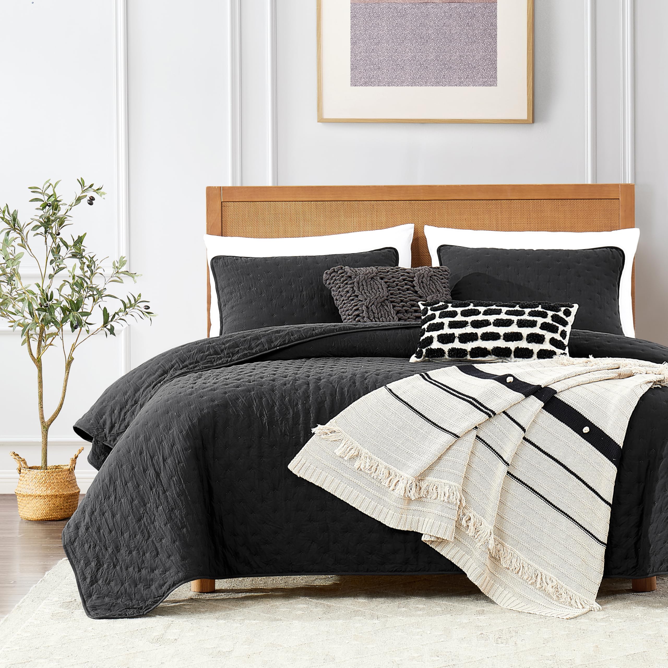 Roaringwild Black Queen Size Quilt Bedding Sets With Pillow Shams, Lightweight Soft Bedspread Coverlet, Quilted Blanket Thin Com