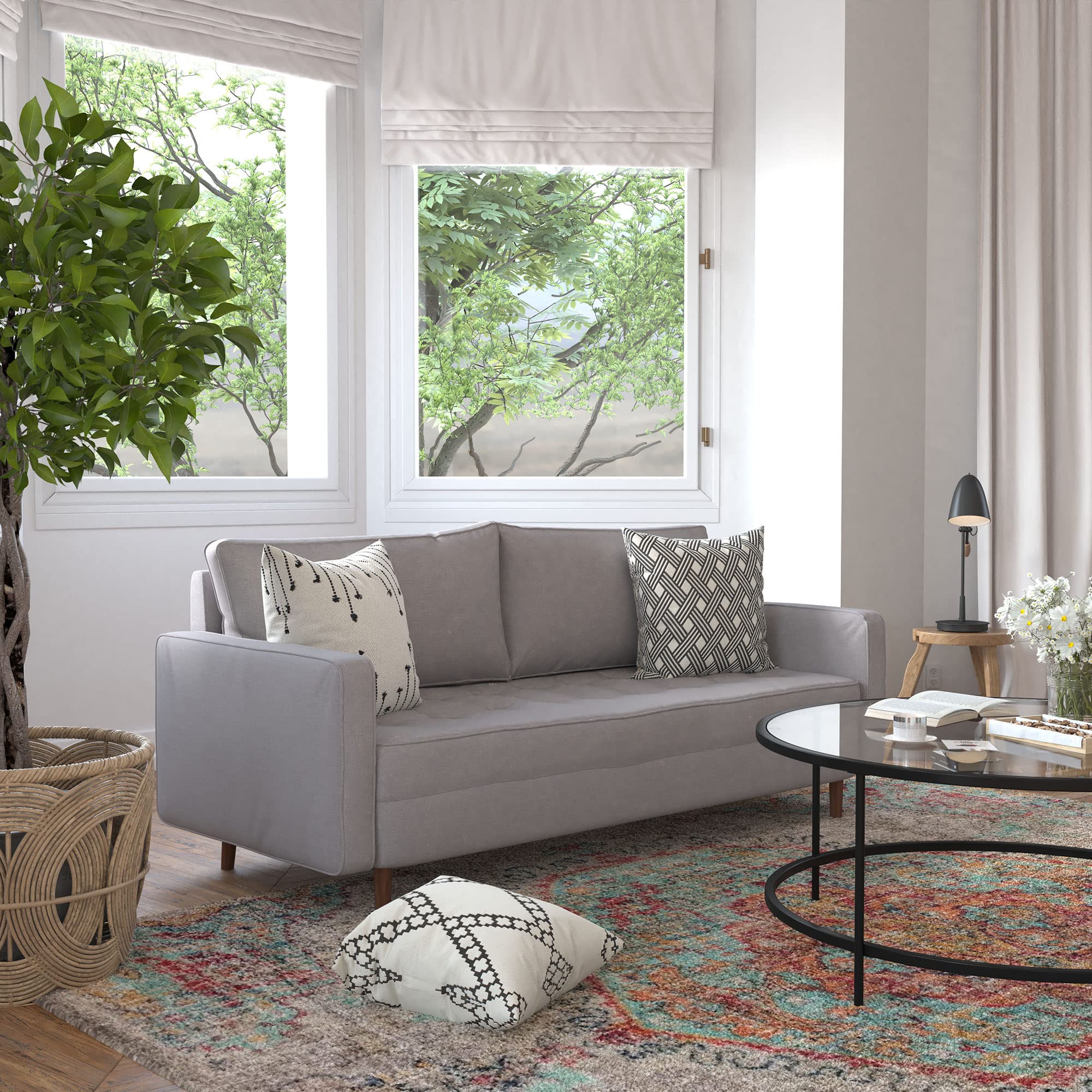 Flash Furniture Hudson Mid-Century Modern Sofa - Slate Gray Faux Linen Upholstery - Buttonless Tufting - Wood Legs