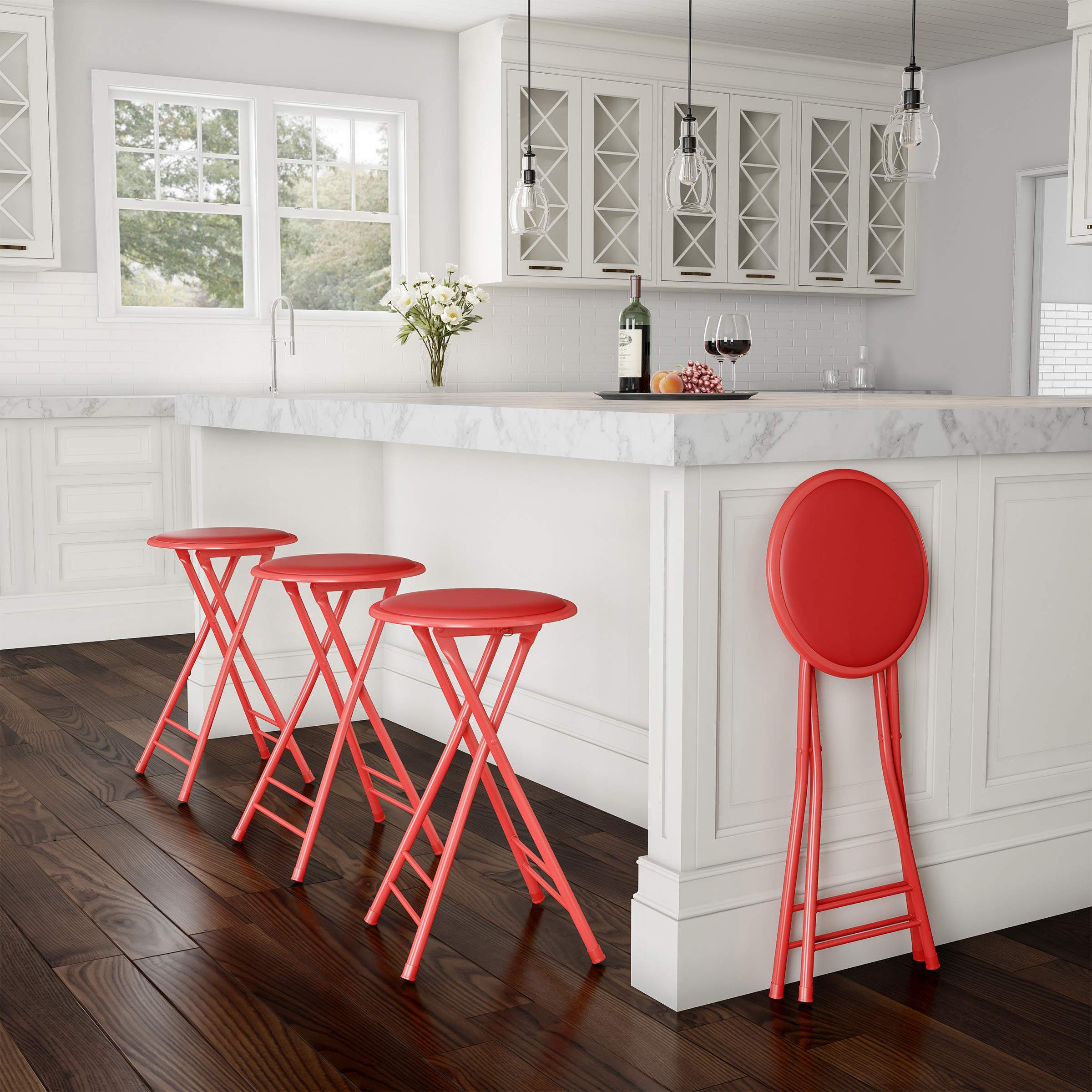 Folding Stool - Backless 24-Inch Stool With 225Lb Capacity For Kitchen Or Rec Room - Portable Indoor Counter Bar Stools By Lavish Home (Red)
