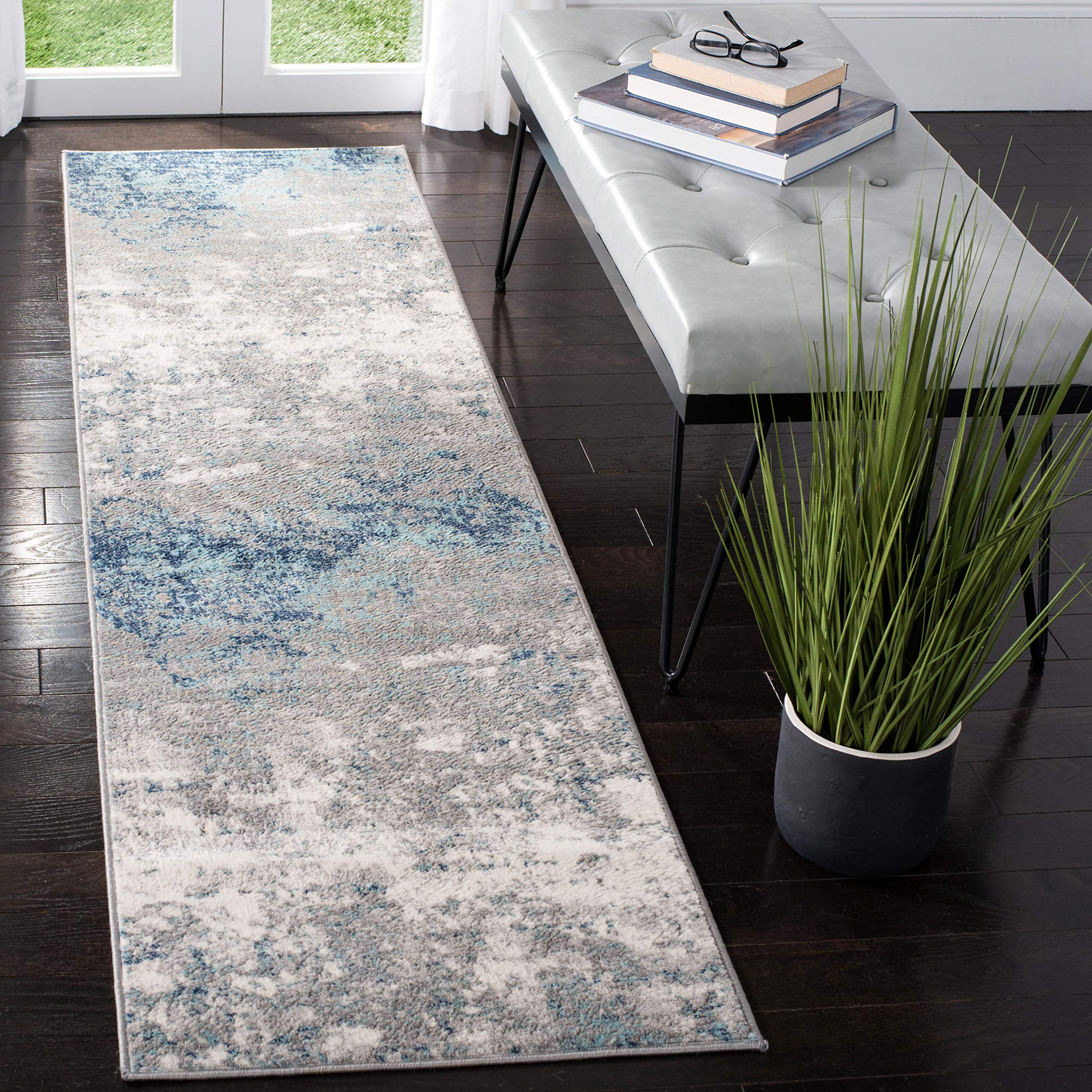 SAFAVIEH Brentwood Collection Runner Rug - 2 x 12, Light Grey & Blue, Modern Abstract Design, Non-Shedding & Easy Care, Ideal 