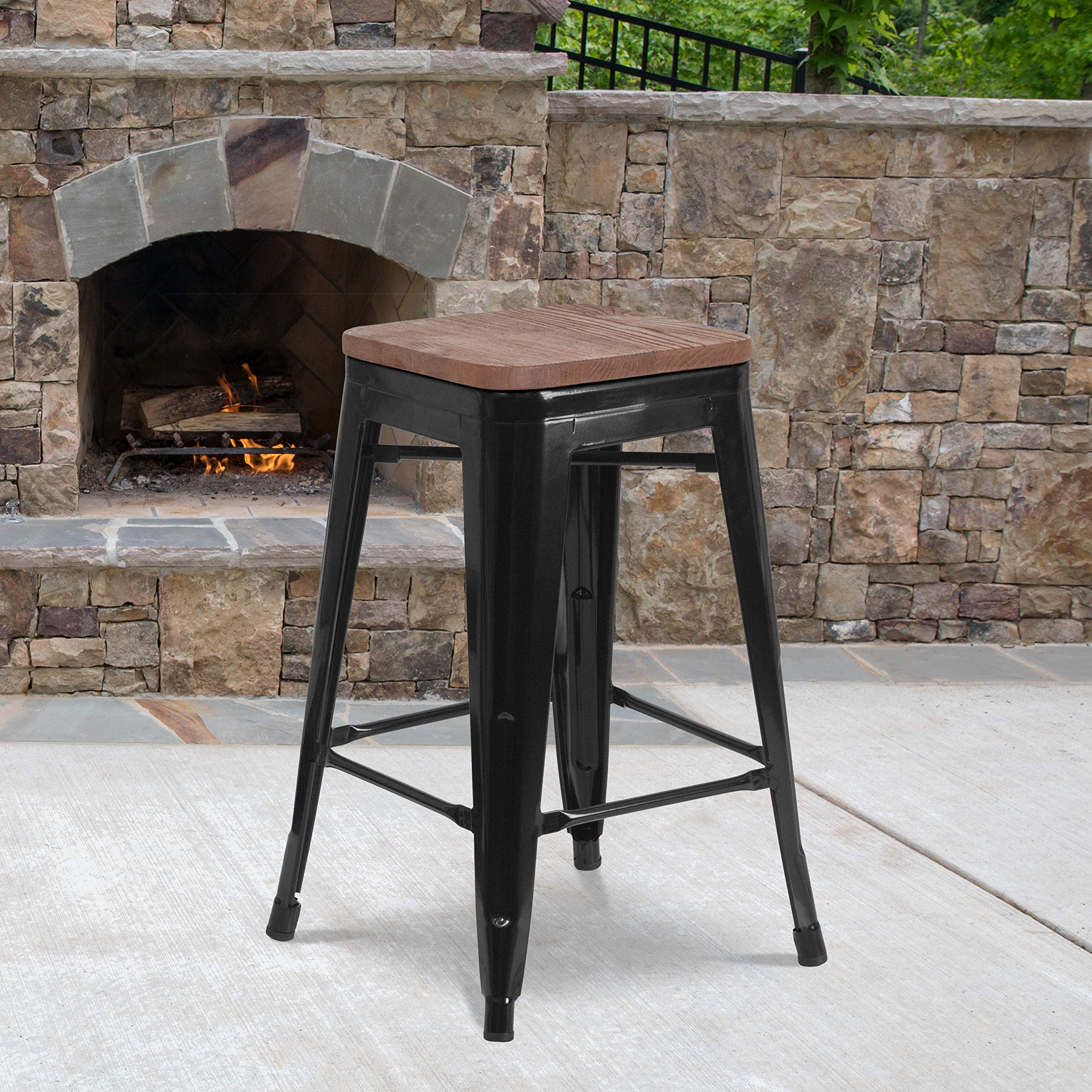 Flash Furniture Lily 24 High Backless Black Metal Counter Height Stool with Square Wood Seat