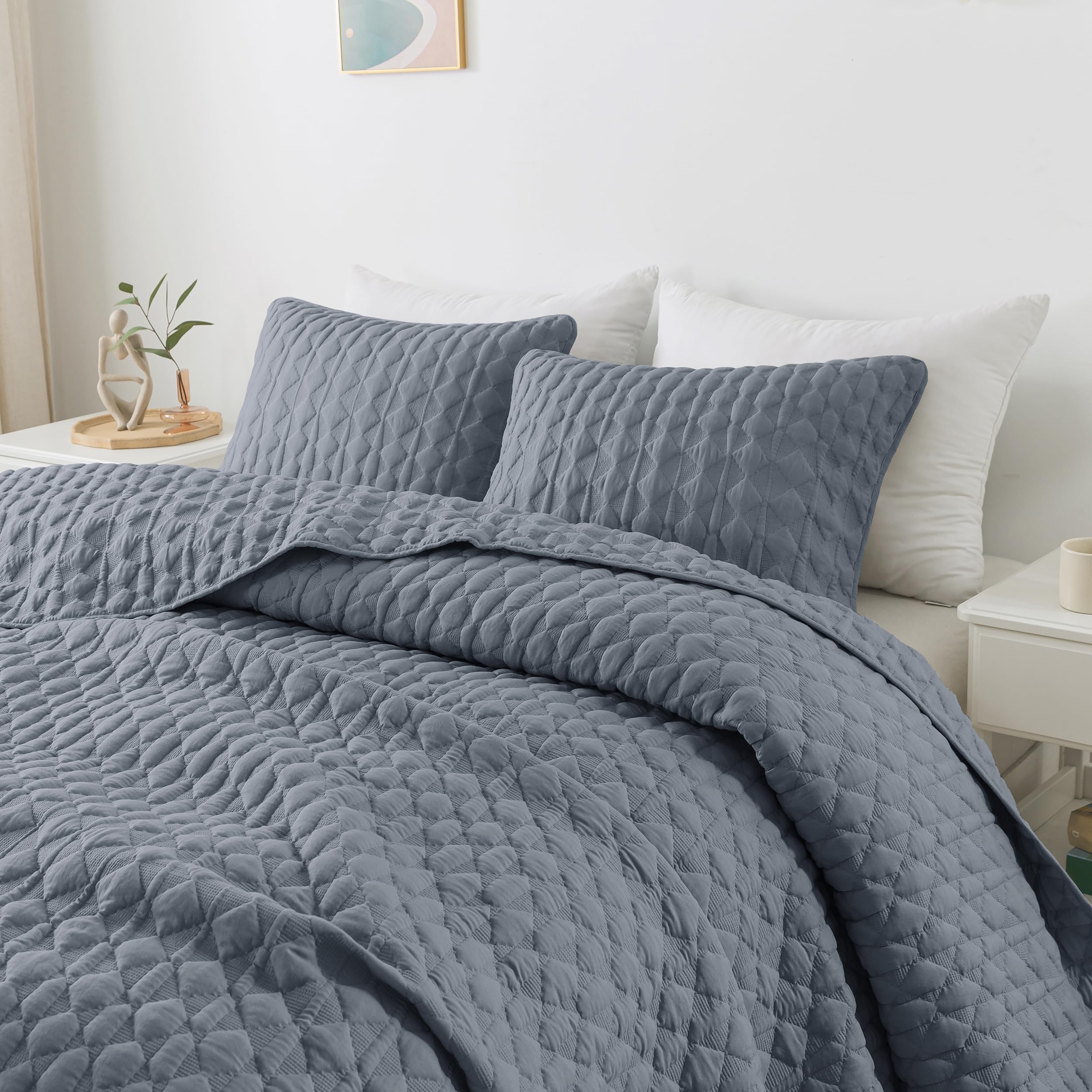 Wdcozy Blue Quilt King Size Bedding Sets With 2 Pillow Shams, Lightweight Soft Bedspread Coverlet, Quilted Blanket Thin Comforte