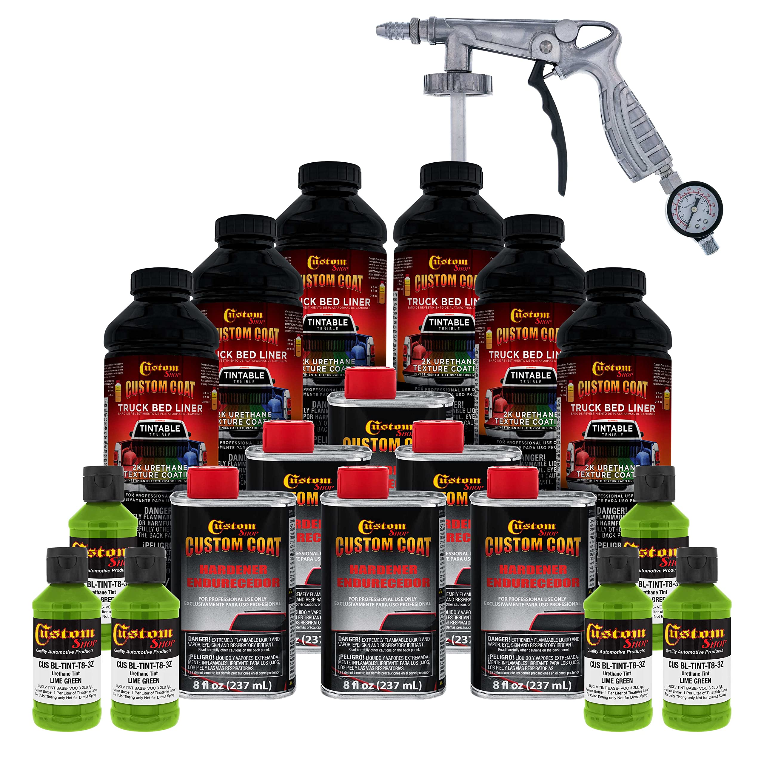 Custom Coat Lime Green 1.5 Gallon (6 Quart) Urethane Spray-On Truck Bed Liner Kit With Spray Gun And Regulator - Easy Mixing, Sh