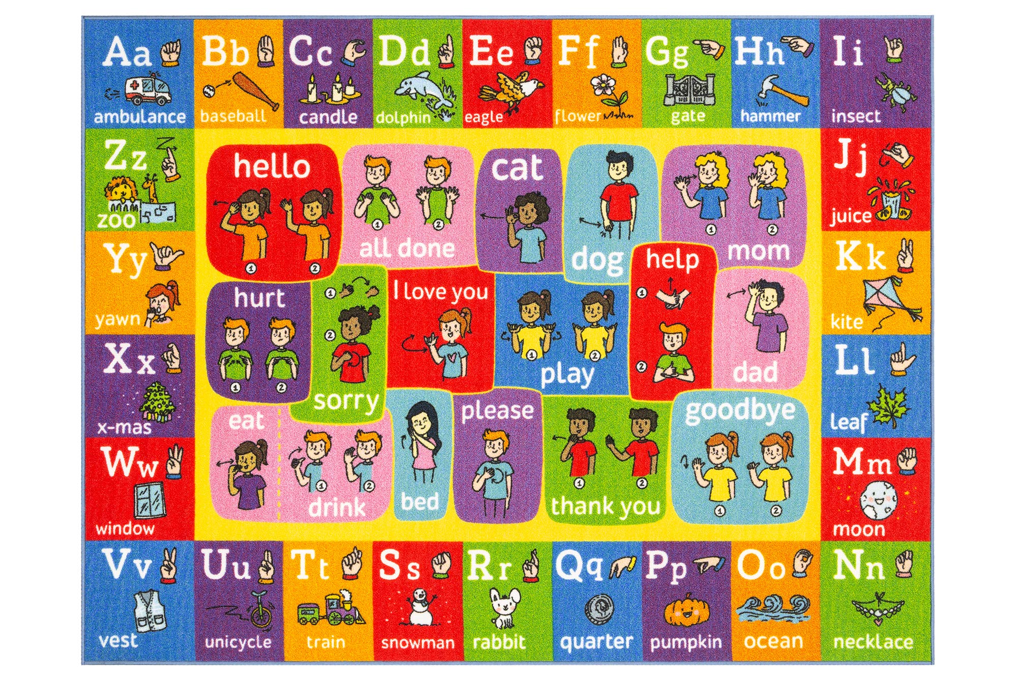 Kc Cubs Abc Alphabet Asl Sign Language Educational Learning & Fun Game Play Area Non Slip Boy & Girl Kids Rug Carpet For Childre