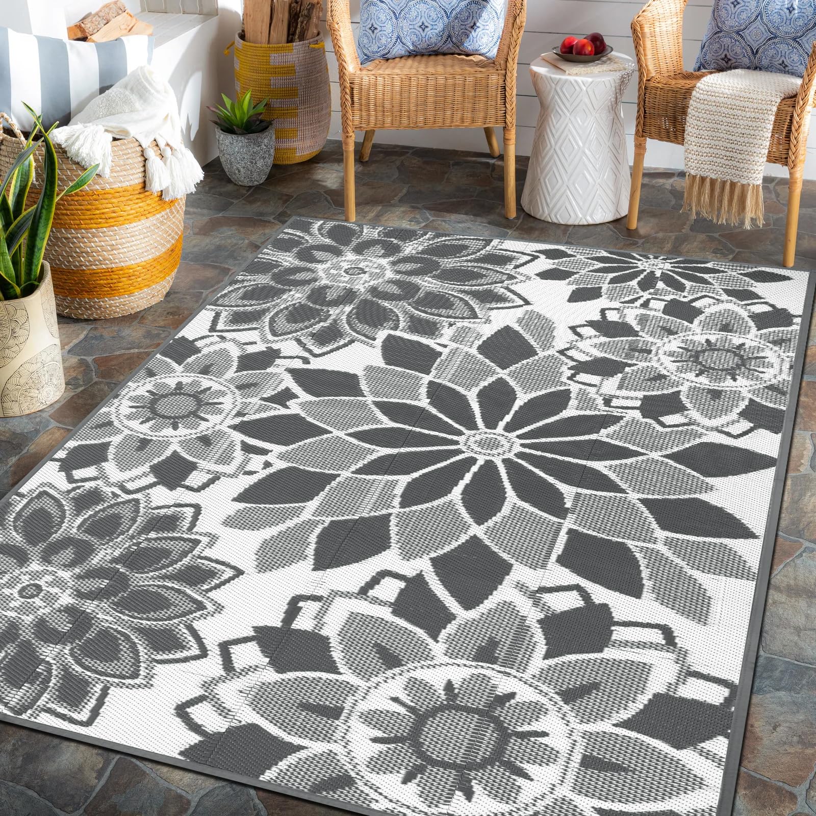 Lokhom Outdoor Rug For Patio, 5'X 8' Reversible Plastic Straw Area Rugs Mat, Waterproof Mat For Camper Indoor Outdoor Carpet For