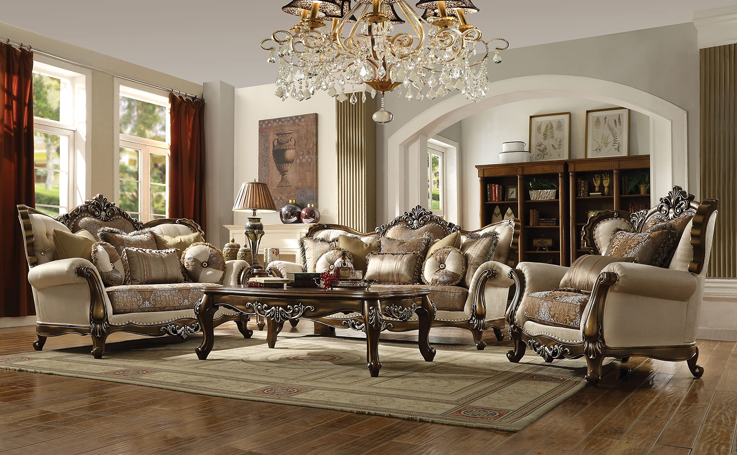 Acme Furniture Sofa, Tan, Pattern Fabric & Antique Oak