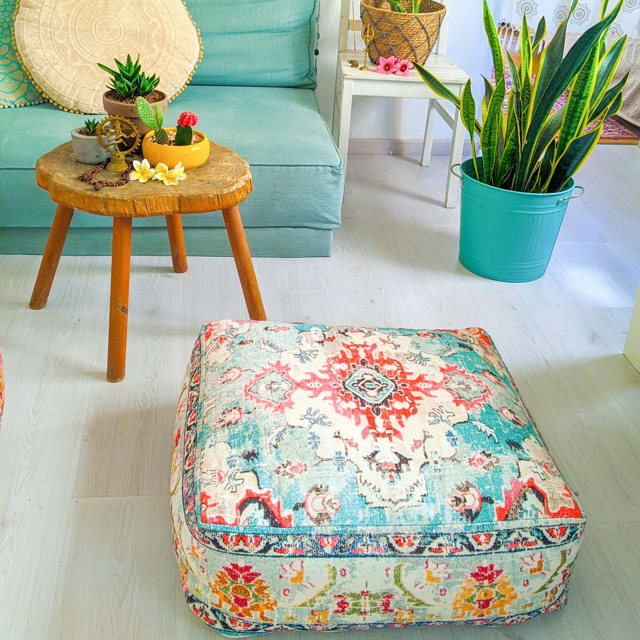 Mandala Life Art Bohemian Decor Floor Cushion - Cover Only - 24X8 Inches - Square Meditation Carpet Pillow Case - Printed Cotton