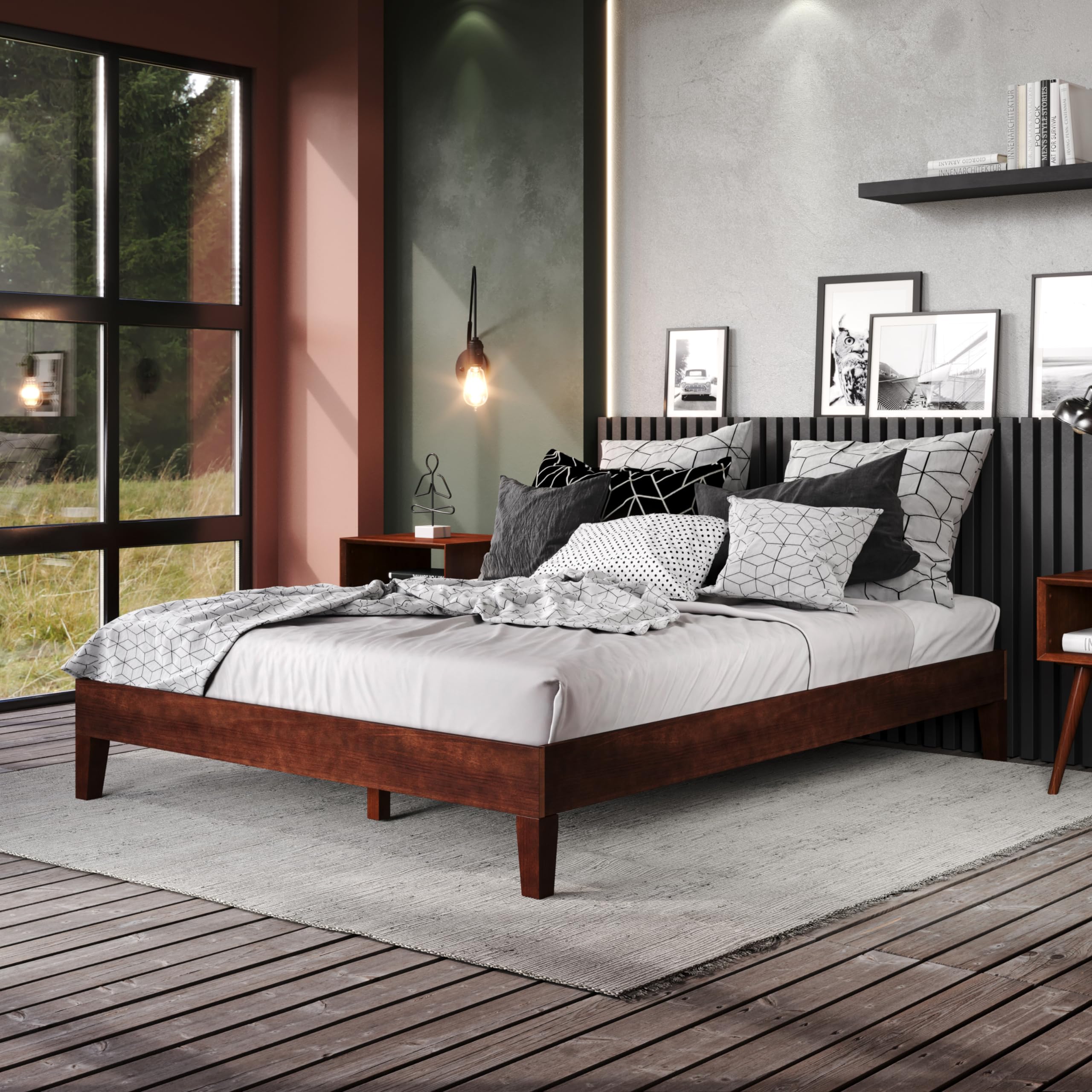 Steve Silver Co Nix Queen Platform Bed, Bedroom, Farmhouse, Mid-Century, Modern, 28-Slat Dual-Zone System, No Box Spring Needed, 82.01" L x 62.48" W x 12.24" H, Natural, Brown