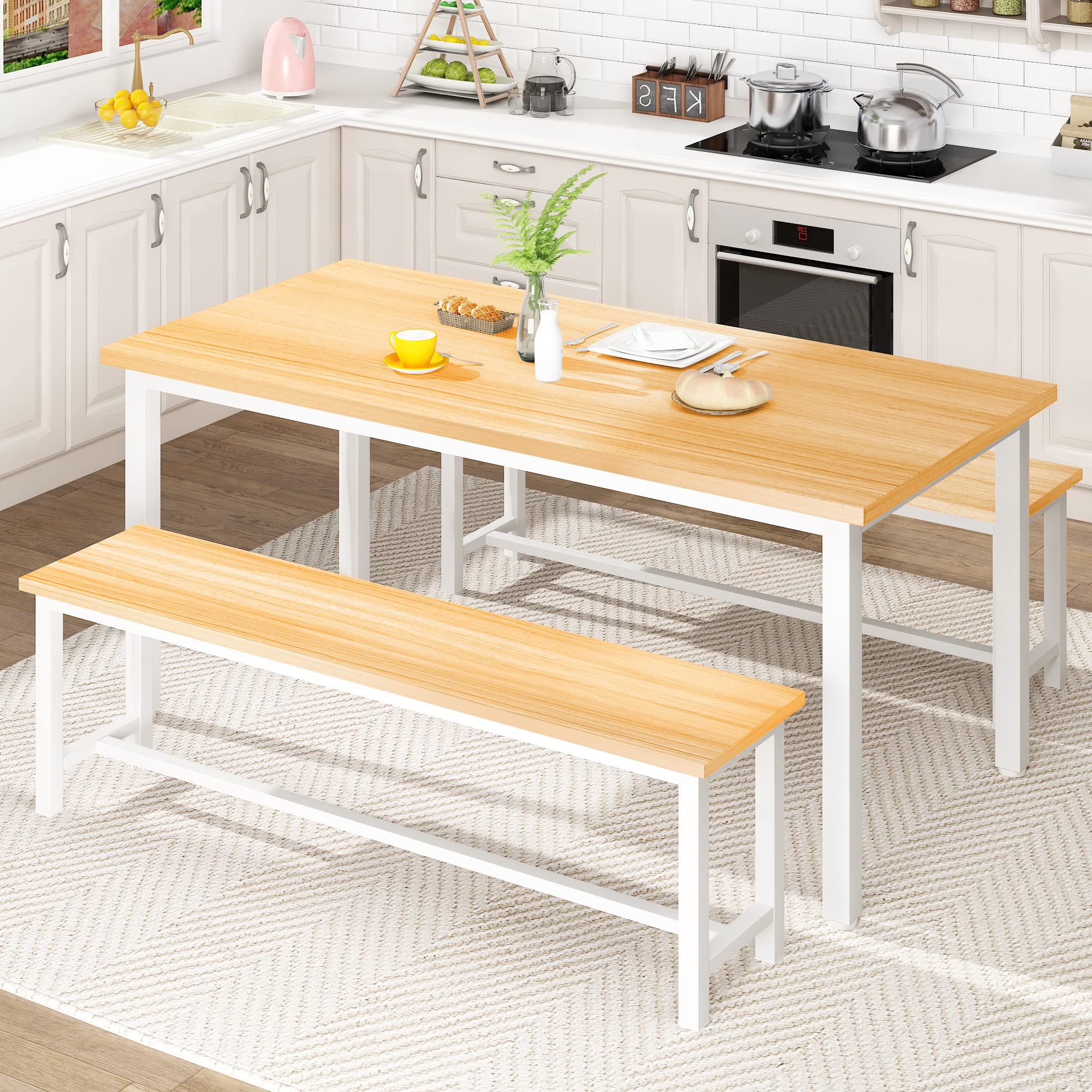 Awqm Dining Room Table Set, Kitchen Table Set With 2 Benches, Ideal For Home, Kitchen And Dining Room, Breakfast Table Of 47.2X28.7X29.5 Inches, Benches Of 41.3X11.8X17.7 Inches, Beige