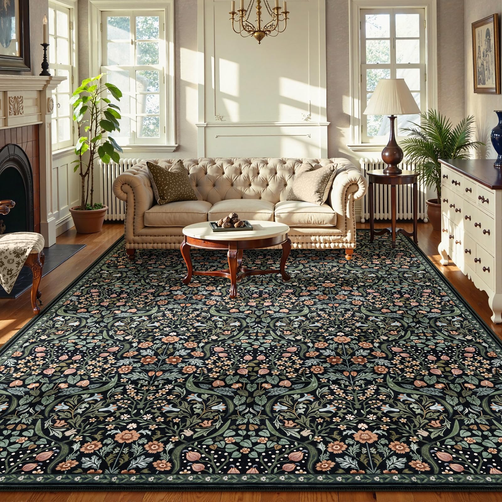 Moynesa Floral Washable 10x14 Rug, Boho Extra Large Living Room Area Rug, Botanical Dining Room Rugs for Under Table, Non Slip U