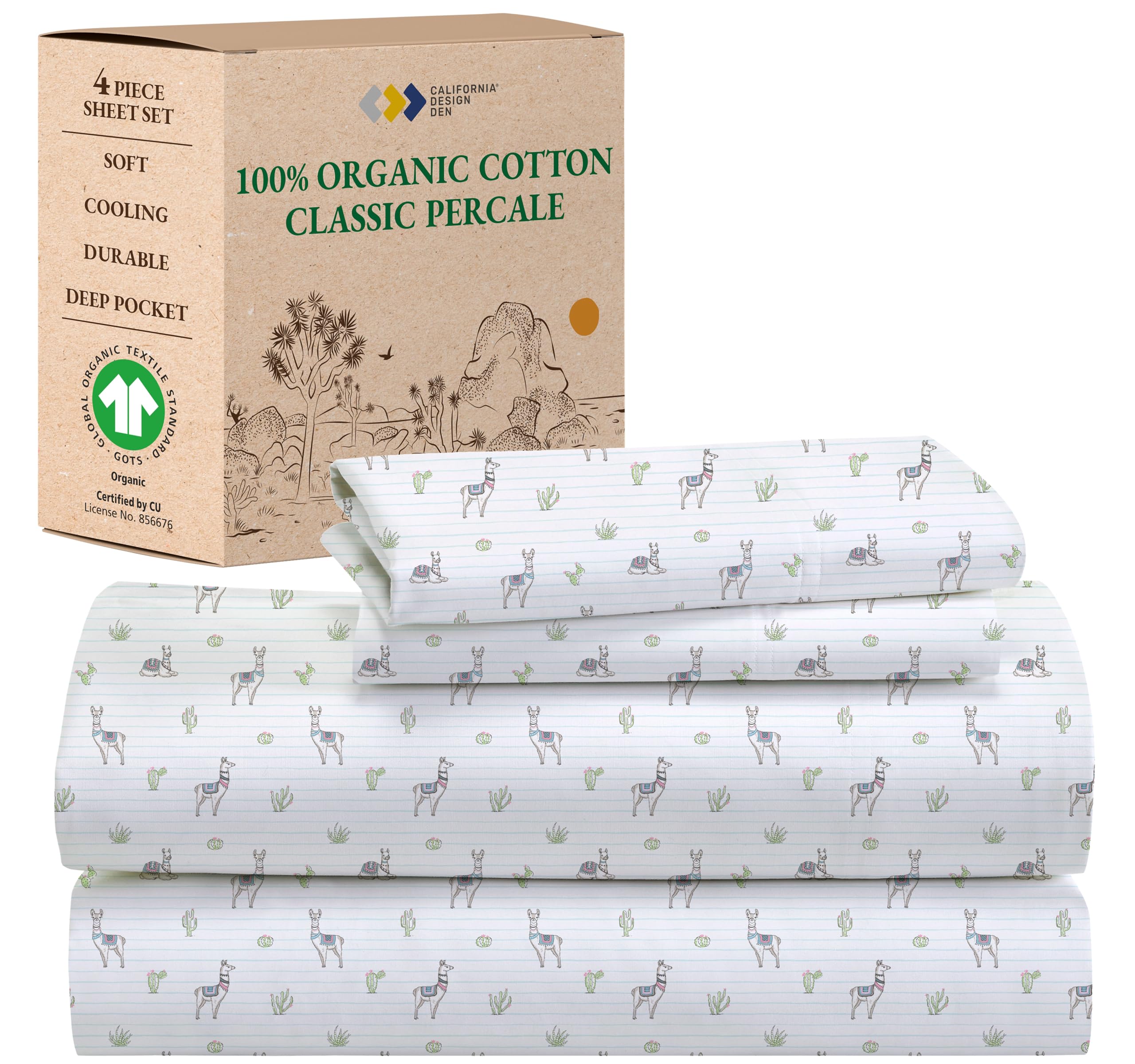 California Design Den Printed Queen Size Bed Sheet Set, 100% Organic Cotton Percale Sheets, Deep Pocket Queen Sheets & Pillowcase Set - Llama
