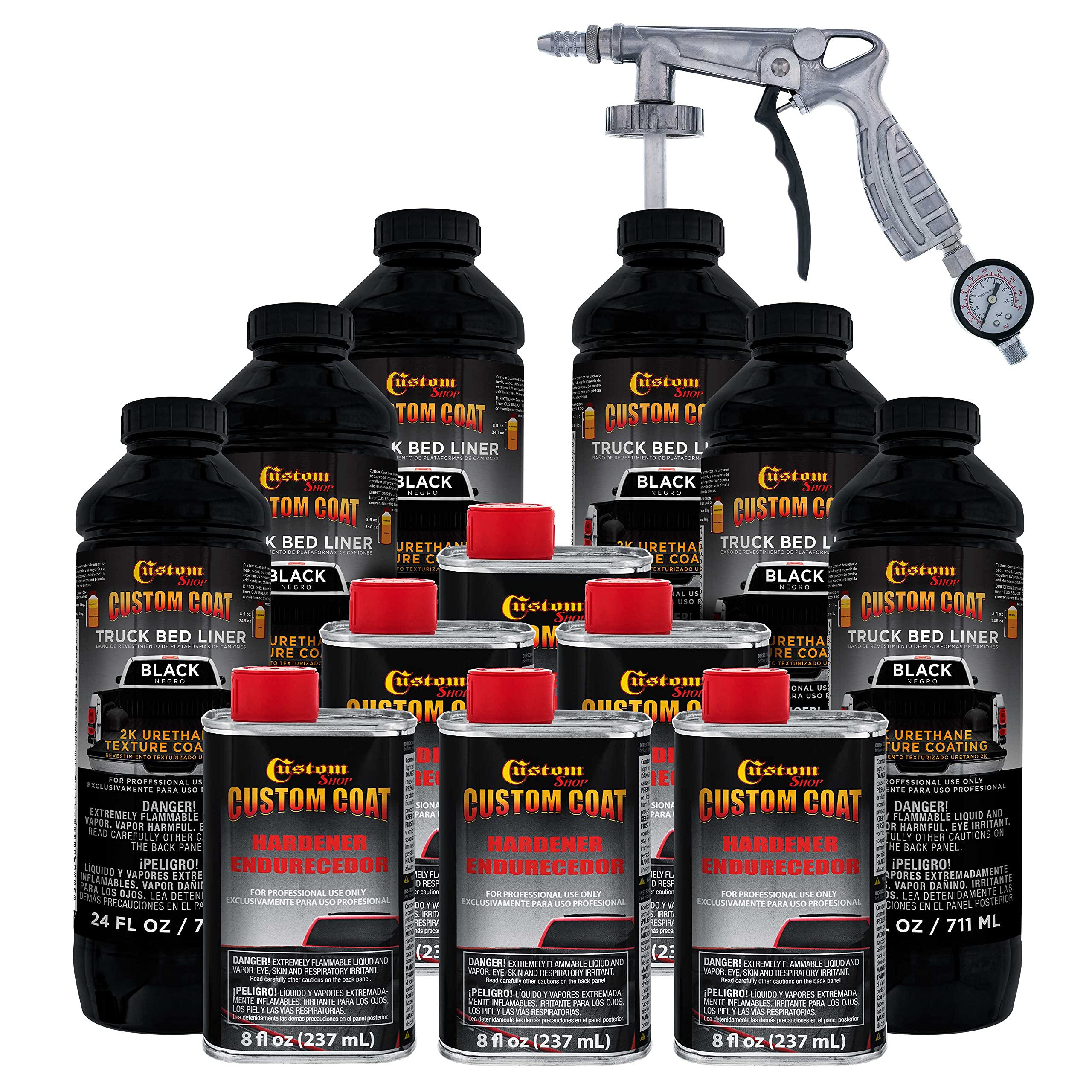 Custom Coat Black 1.5 Gallon (6 Quart) Urethane Spray-On Truck Bed Liner Kit With Spray Gun And Regulator - Easy 3 To 1 Mix Rati