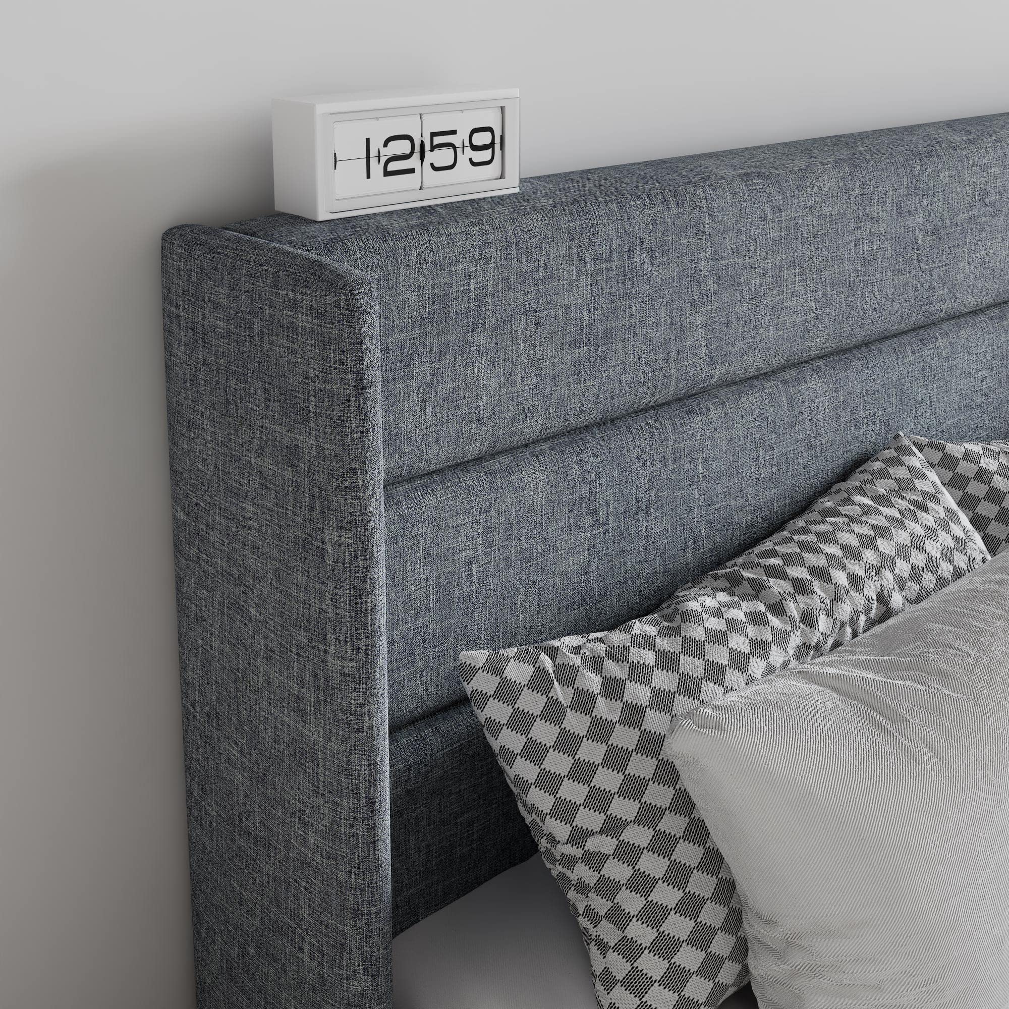 Sha Cerlin Queen Size Lift Up Storage Bed/Modern Wingback Headboard/Upholstered Platform Bed Frame/Hydraulic Storage/No Box Spring Needed/Wood Slats Support/Grey Blue