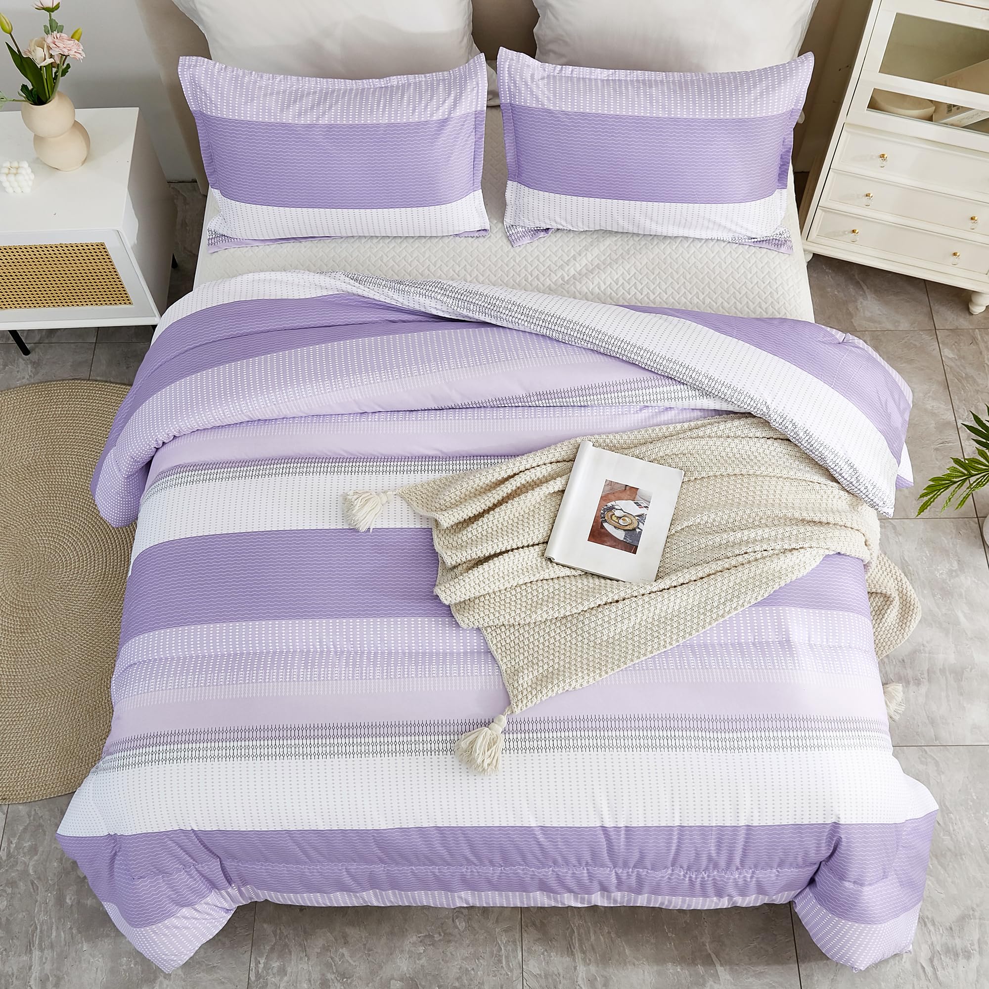 Litanika Lavender Comforter Set King - 3 Pieces Lightweight Lavender Purple White Colorblock Stripe Fluffy Bedding Comforter Set