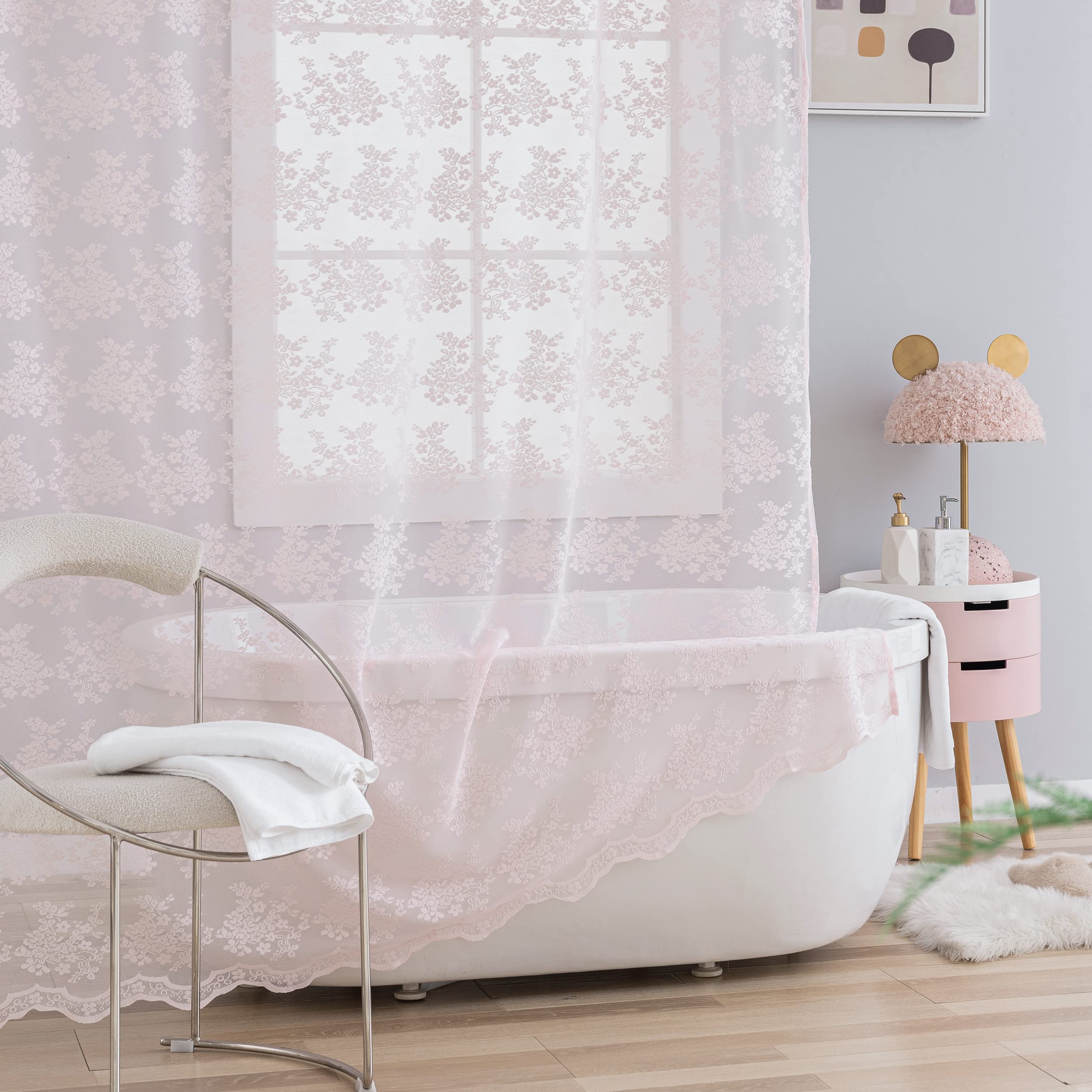 Tudeco Pink Shower Curtain - Shabby Chic Lace Shower Curtain With Attach Valance For Bathroom, Cute Sheer Vintage Coquette Flora