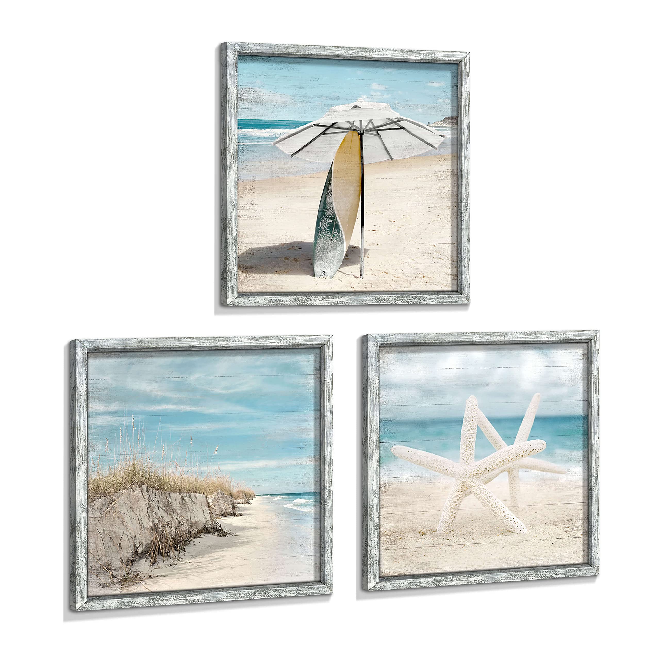 Beach Pictures Wooden Wall Art: Ocean Artwork Home Decor Set of 3 Seascape Pathway Surfboard Starfish Collection Prints for Bedr