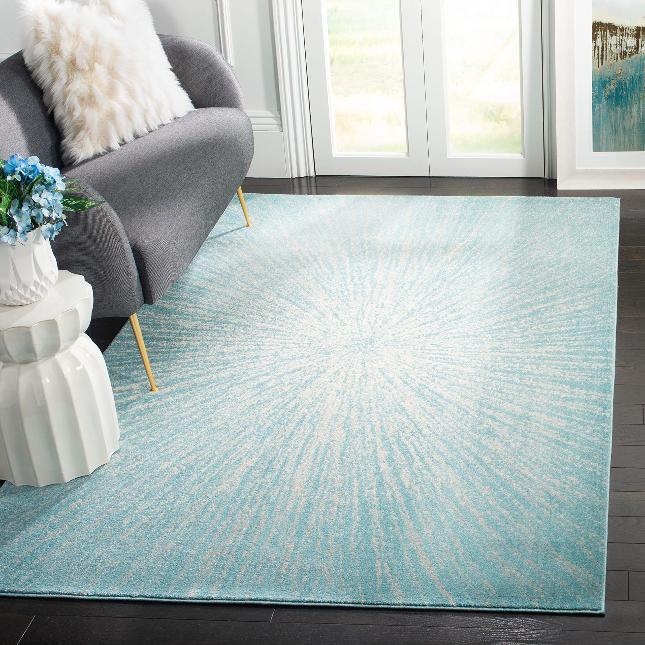SAFAVIEH Evoke Collection 3 x 5 Aqua / Ivory EVK228J Abstract Burst Non-Shedding Living Room Bedroom Accent Rug