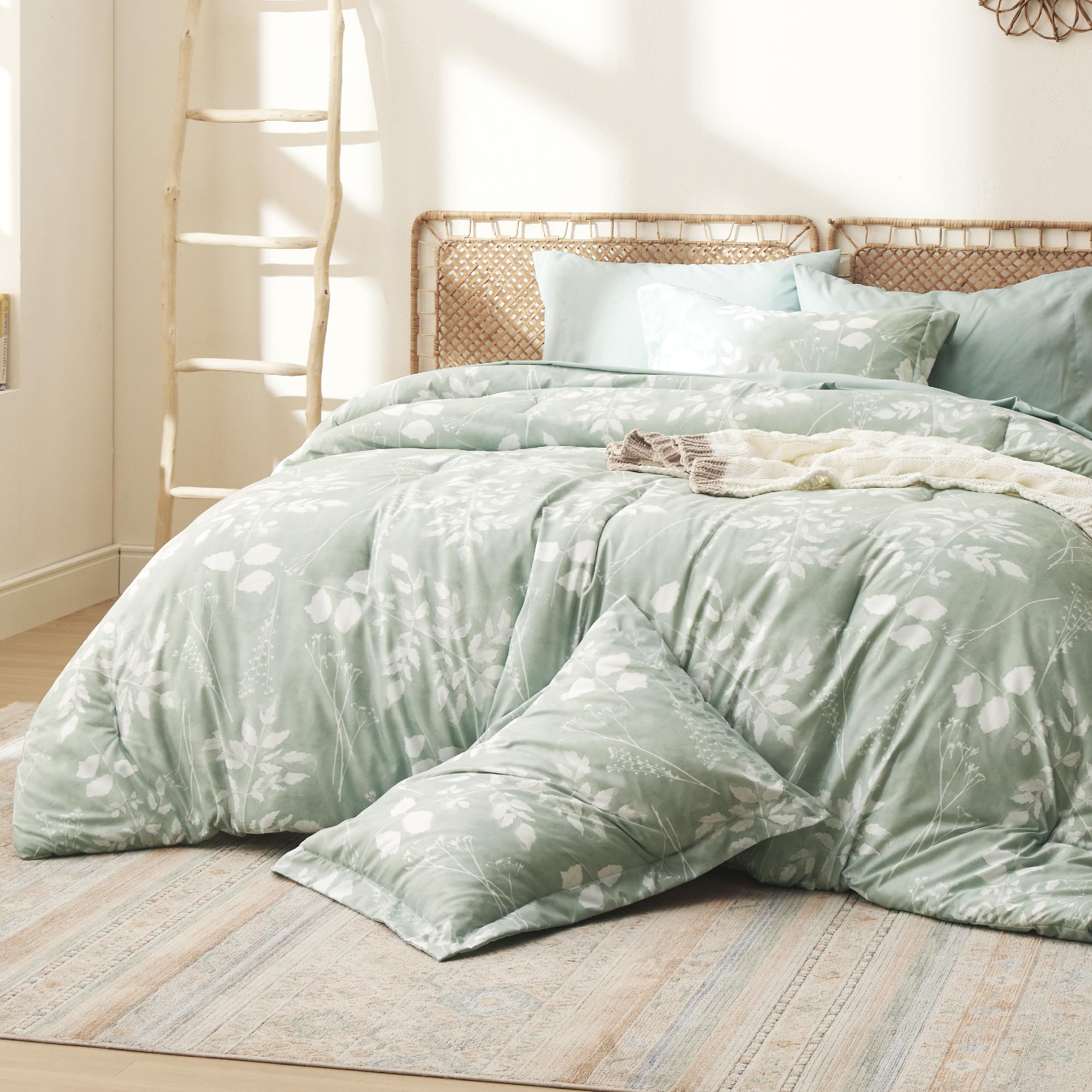 Bedsure Twin Comforter Set - 5 Pieces Floral Sage Green Soft Bedding Sets, Twin Bed In A Bag With Botanical Flowers Comforter, Sheets, Pillowcase & Sham
