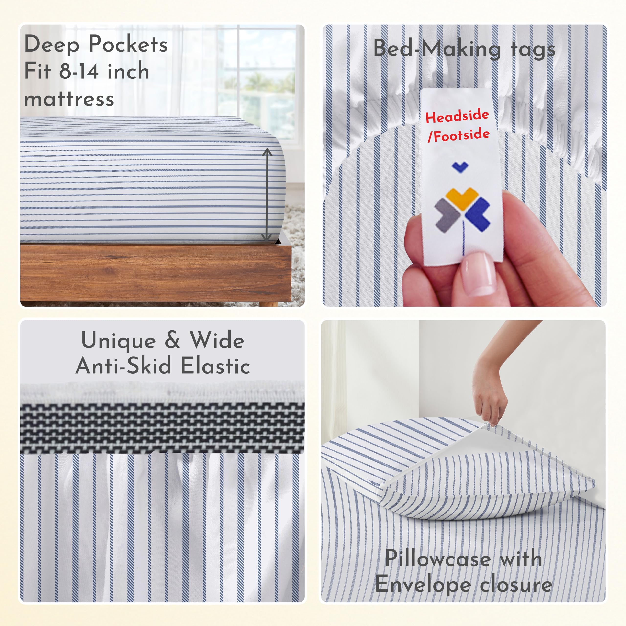 California Design Den Blue Stripe Sheets, 100% Organic Cotton Percale Sheets, Deep Pocket Twin Xl Sheets & Pillowcase Set - Blue Stripe