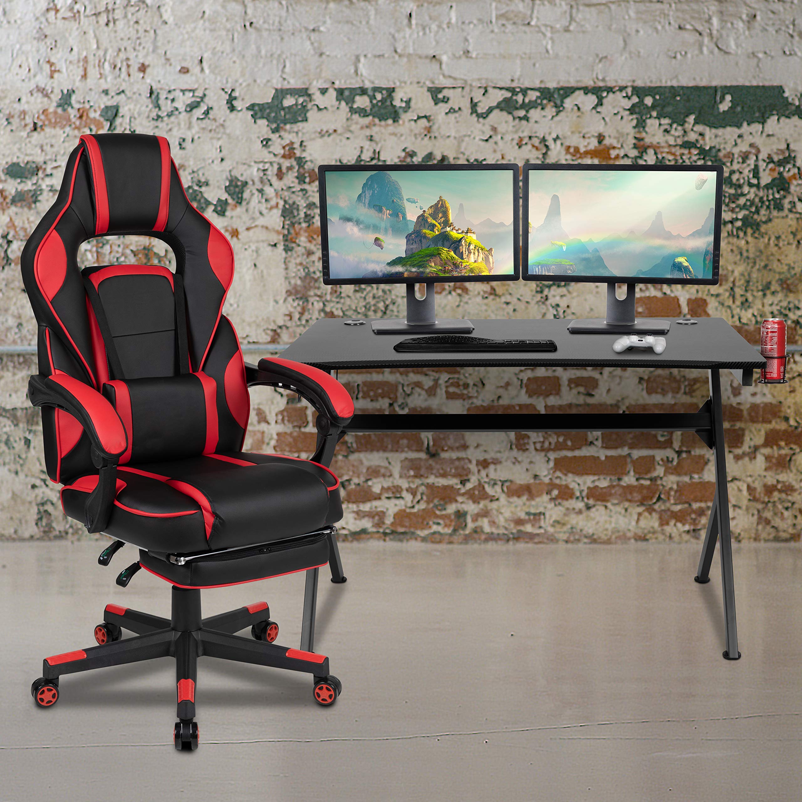 Flash Furniture Black Gaming Desk With Cup Holder/Headphone Hook/2 Wire Management Holes & Red Reclining Back/Arms Gaming Chair With Footrest