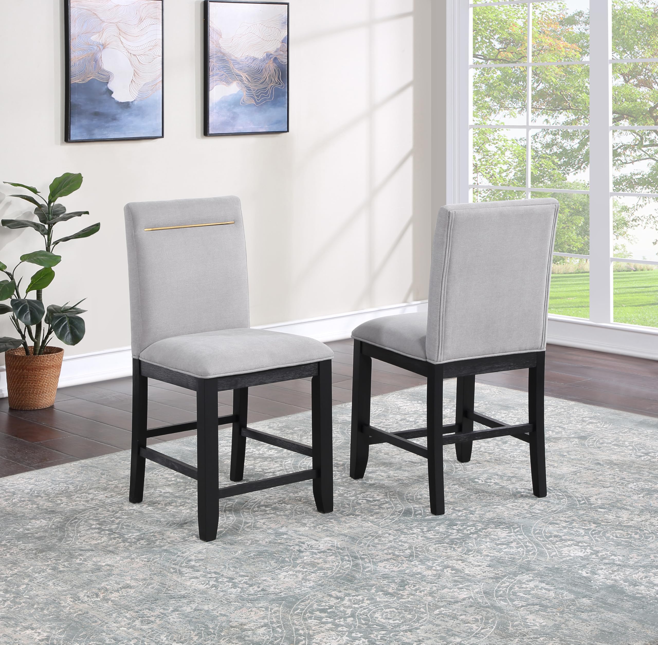 Steve Silver Furniture Yves 7PC Counter Table Set, 64-78" Table w/ 6 Yves Counter Chairs, Storage Pedestal Base, 3 Shelves, Dining Room, 64" L x 42" W x 36" H, Black, Gray