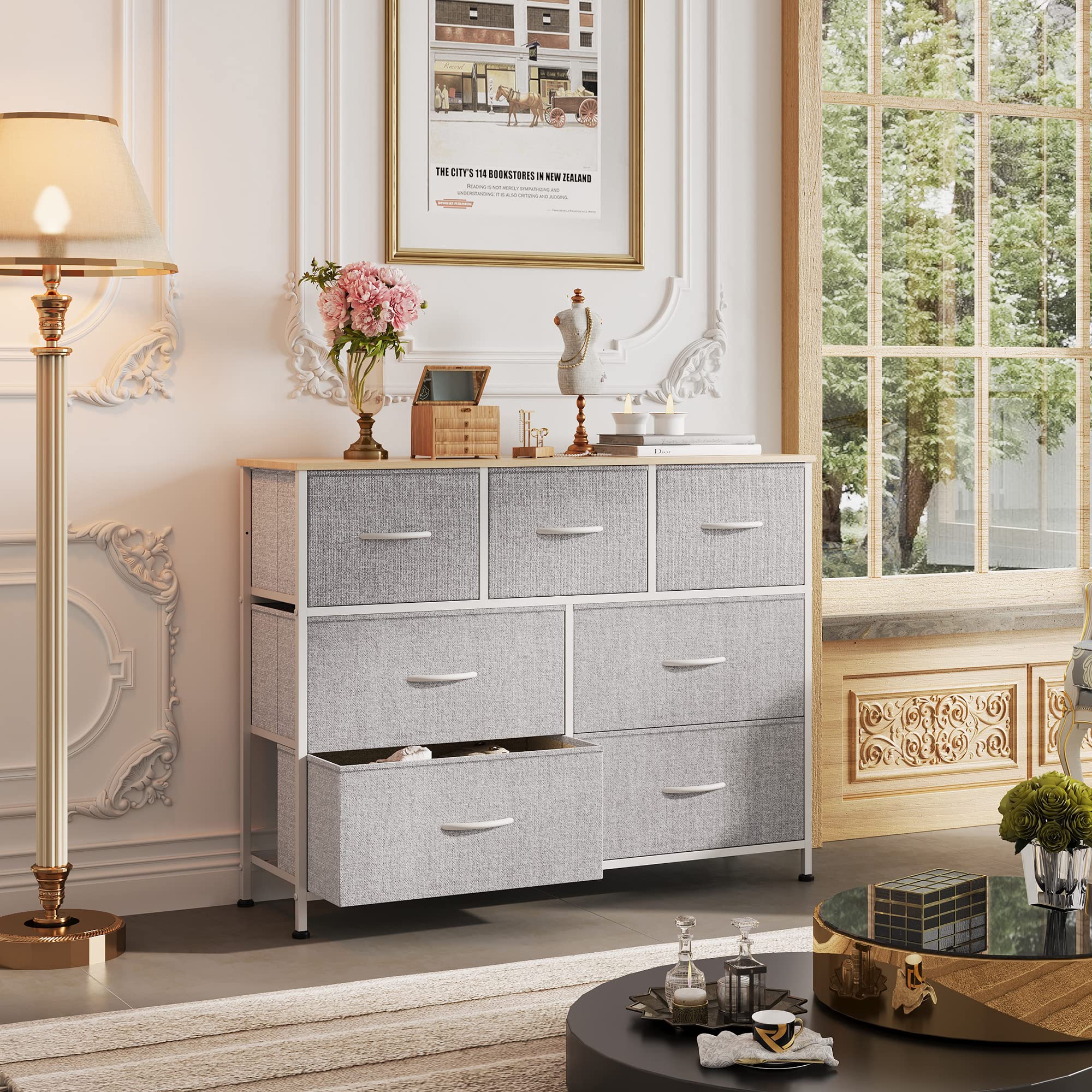 Wlive Dresser Tv Stand, Entertainment Center With Fabric Drawers, Media Console Table With Metal Frame And Wood Top For Tv Up To 45 Inch, Chest Of Drawers For Bedroom, Living Room, Light Grey