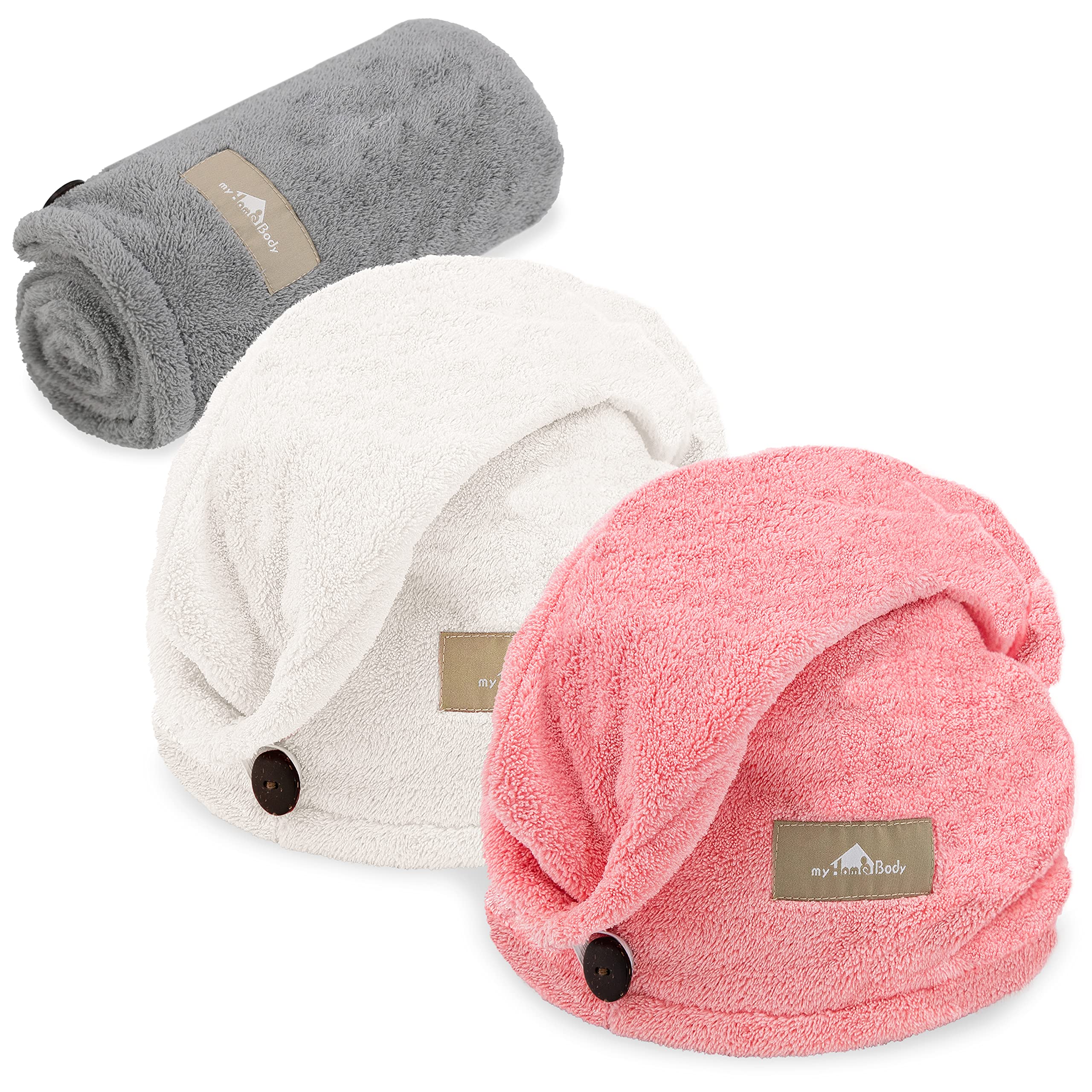 myHomeBody Hair Towel Wrap, Luxury Rapid-Dry Hair-Drying Turban, Ultra Soft and Quick Drying Absorbent Fiber, with Coconut Shell