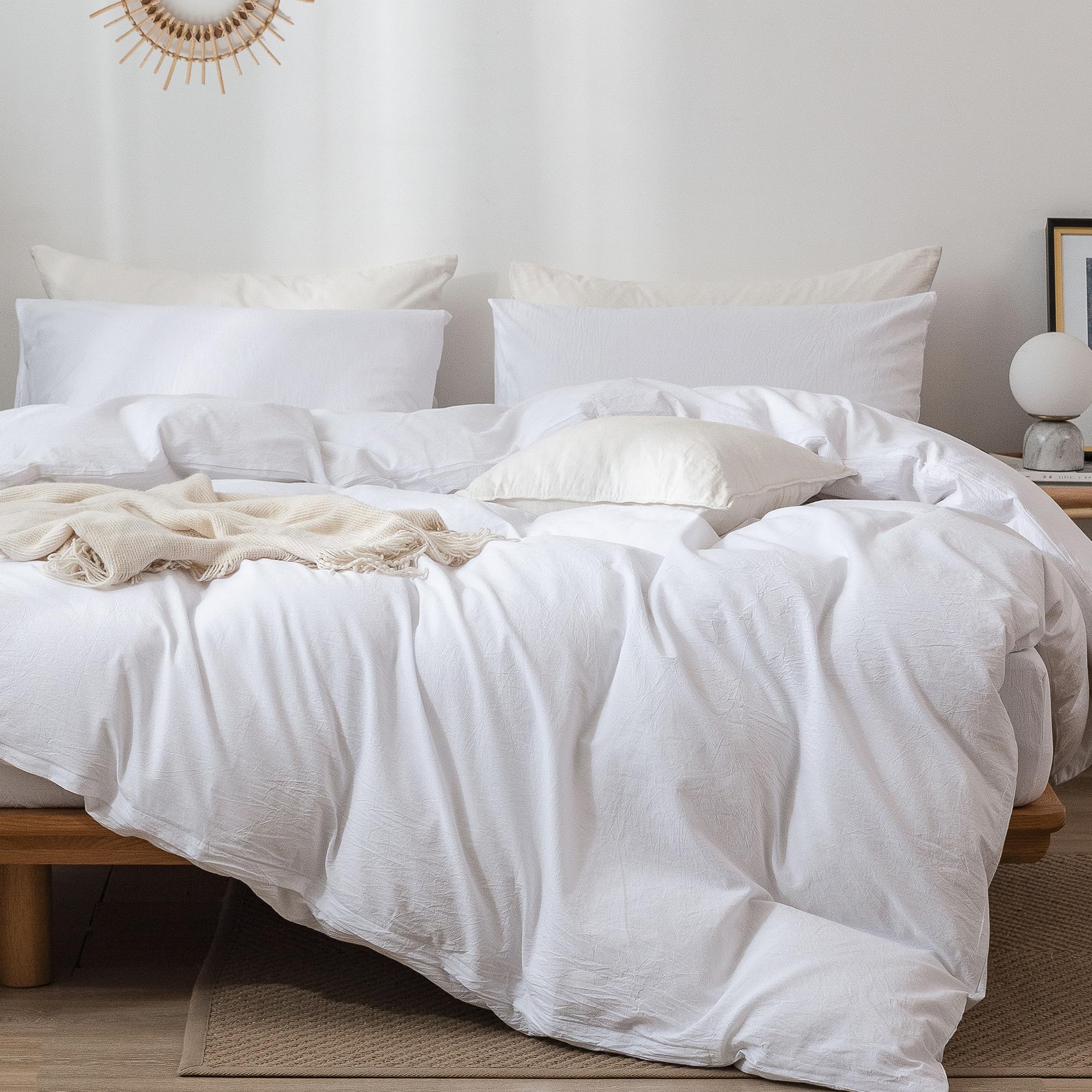 Moomee Bedding Duvet Cover Set 100% Washed Cotton Linen Like Textured Breathable Durable Soft Comfy (Bright White, Oversized Que