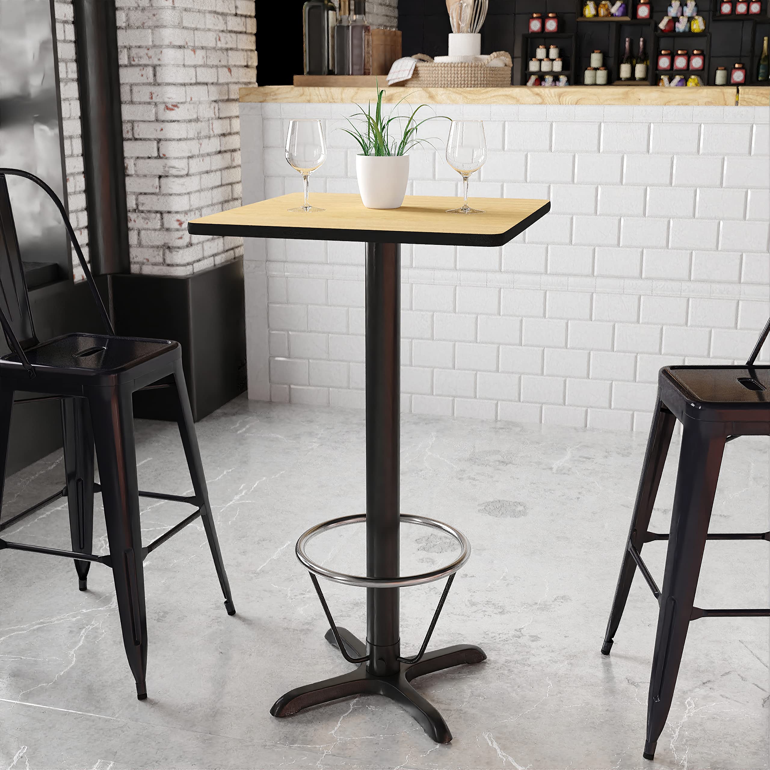 Flash Furniture Stiles 24'' Square Natural Laminate Table Top With 22'' X 22'' Bar Height Table Base And Foot Ring
