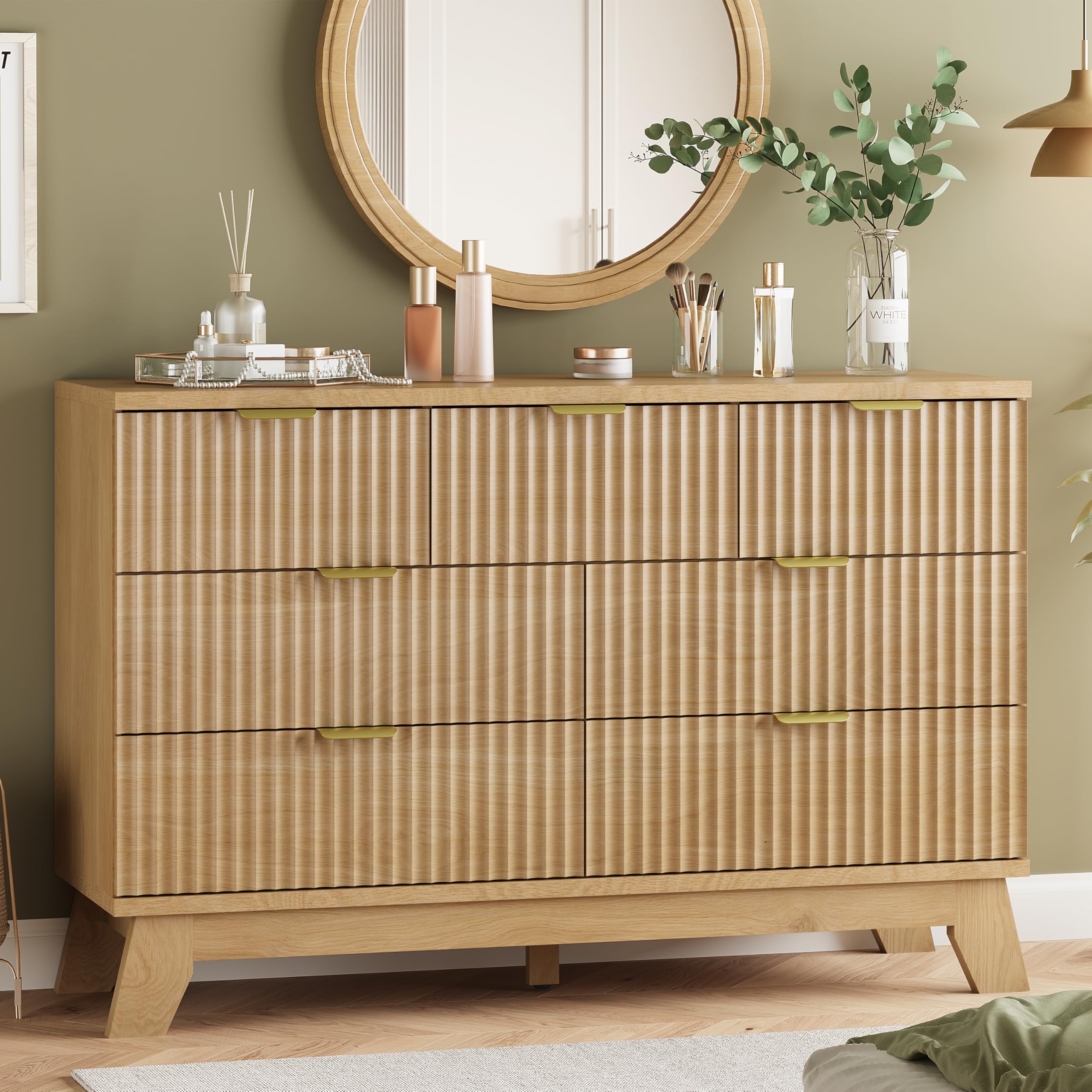 Fluted Dresser for Bedroom with 7 Drawers, 48 Wide Modern Chest of Drawers with Metal Handle, Wood Dresser TV Stand, Wooden Clos