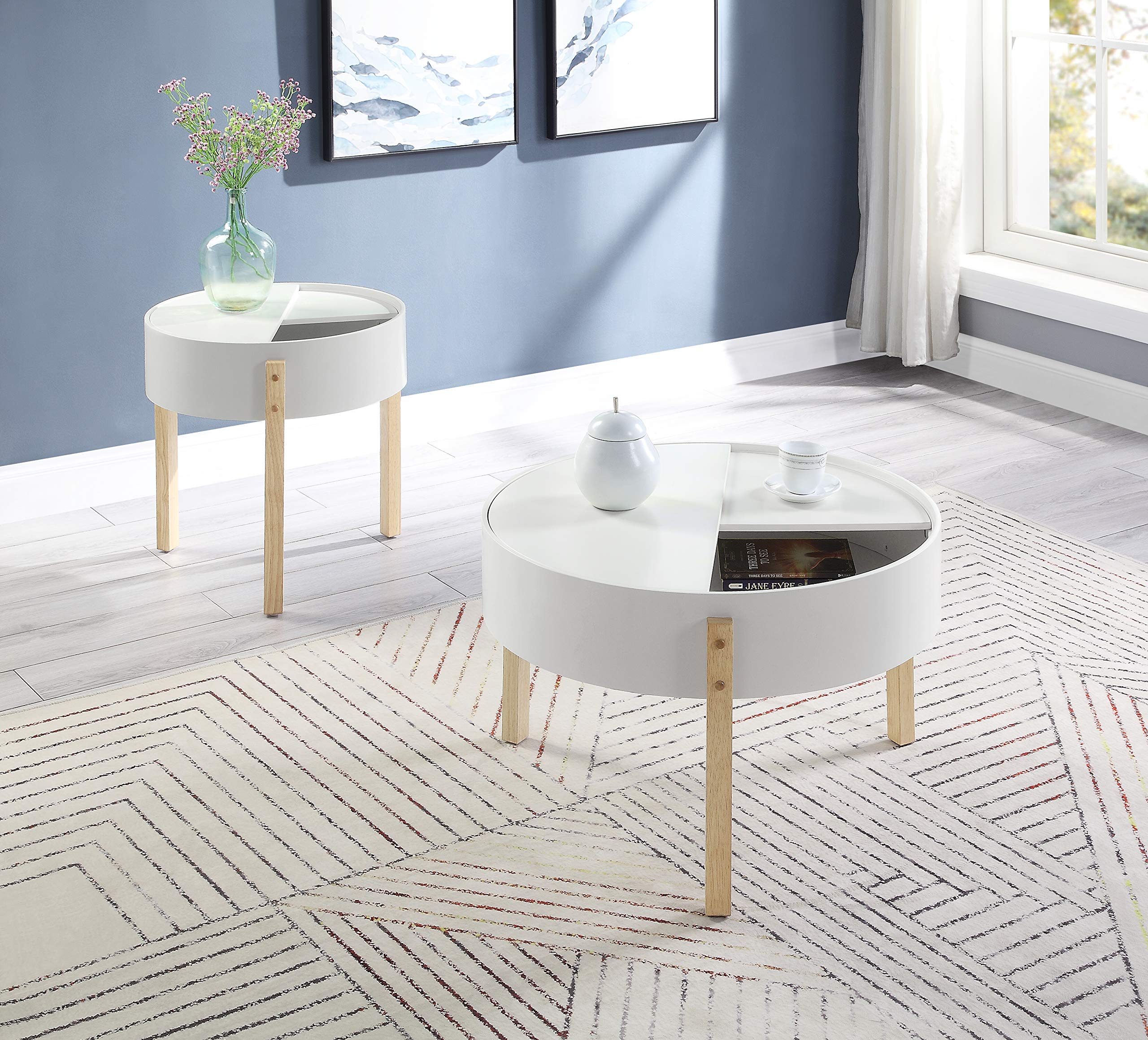 Acme Bodfish Round Wooden Coffee Table With Hidden Storage In White And Natural