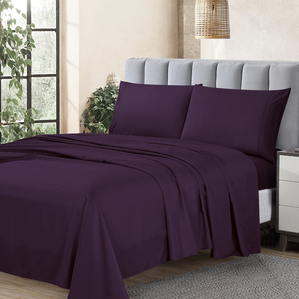 Cathay Home Essentials Ultra Soft Hypoallergenic Wrinkle Resistant Double Brushed Microfiber Bedding Sheet Set, Eggplant, Twin