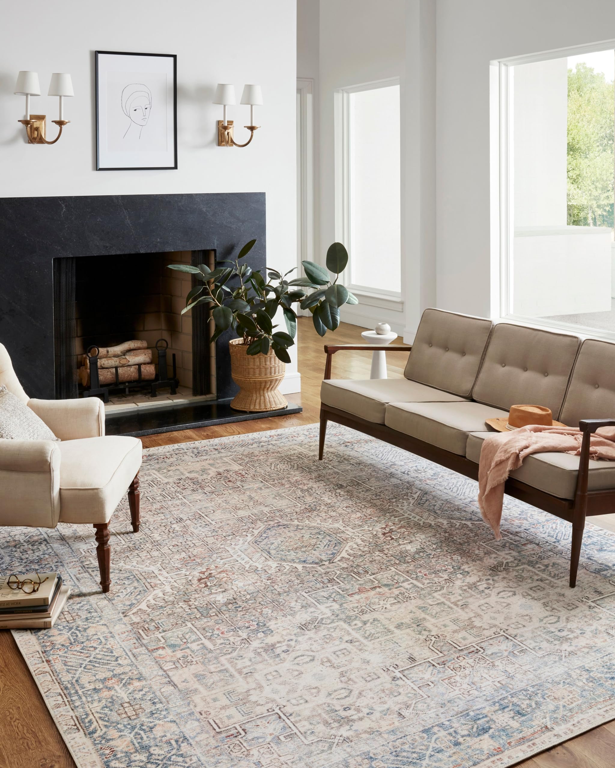Loloi Chris Loves Julia x Jules Collection, Natural & Ocean 2-3 x 3-9 Area Rug - Vintage Accent Rugs for Living Room, Bedroom,