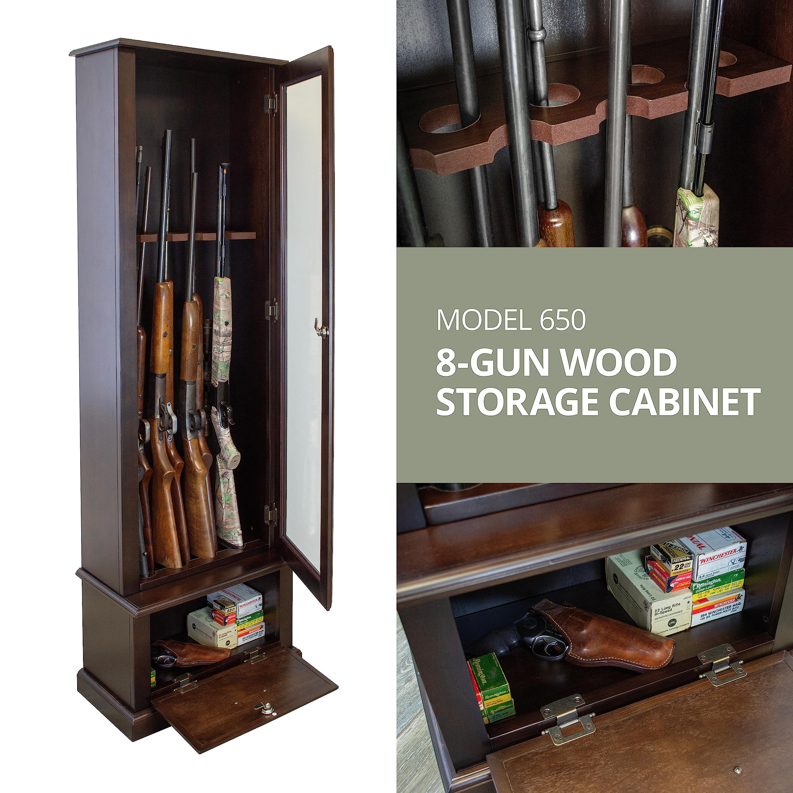 American Furniture Classics Wood Gun Display Cabinet, 8 Gun, Tempered Glass Door, Espresso Brown, Model 650