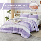 Litanika Lavender Comforter Set King - 3 Pieces Lightweight Lavender Purple White Colorblock Stripe Fluffy Bedding Comforter Set