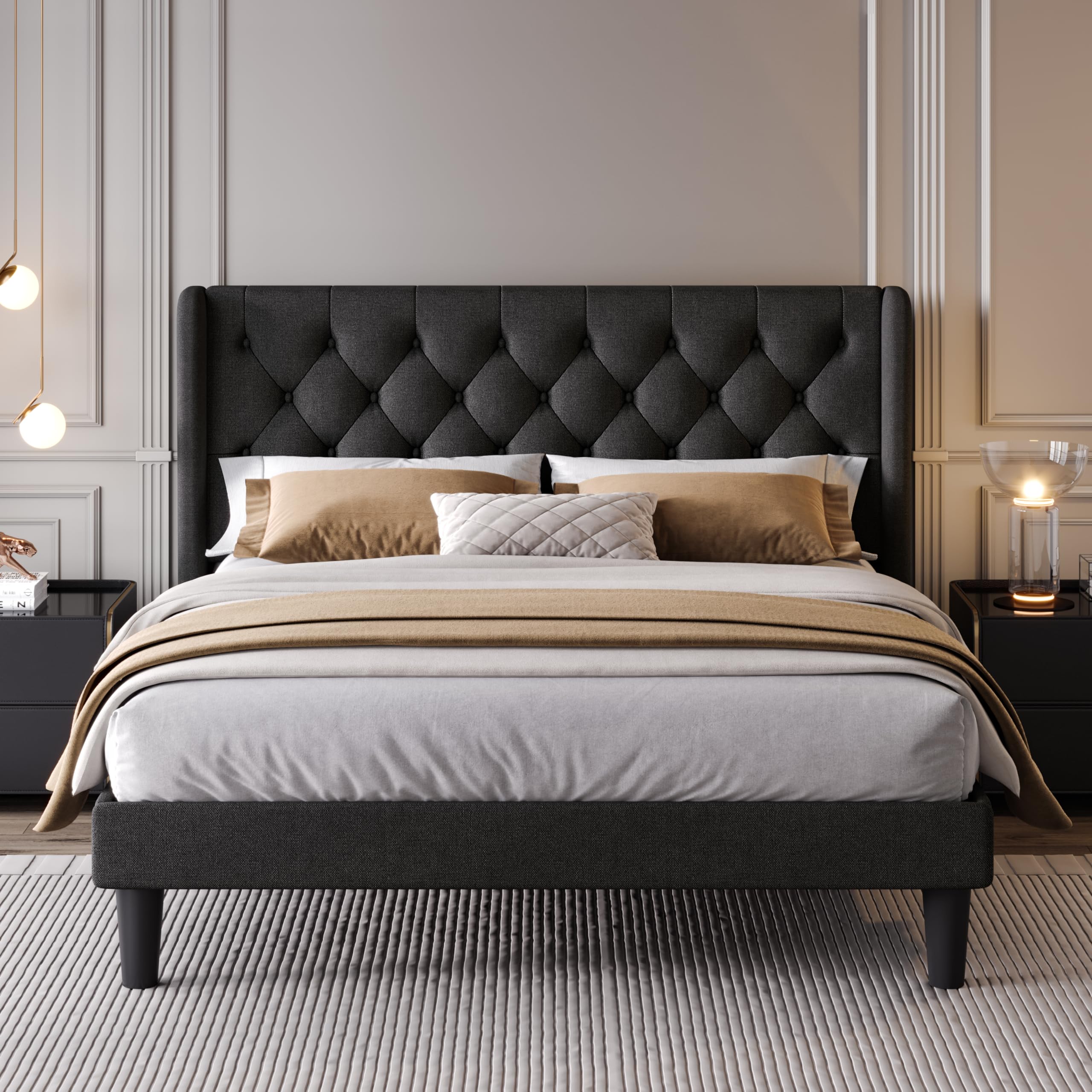 Sha Cerlin Queen Size Platform Bed Frame With Upholstered Headboard And Wingback, Button Tufted Design, Easy Assembly, Black