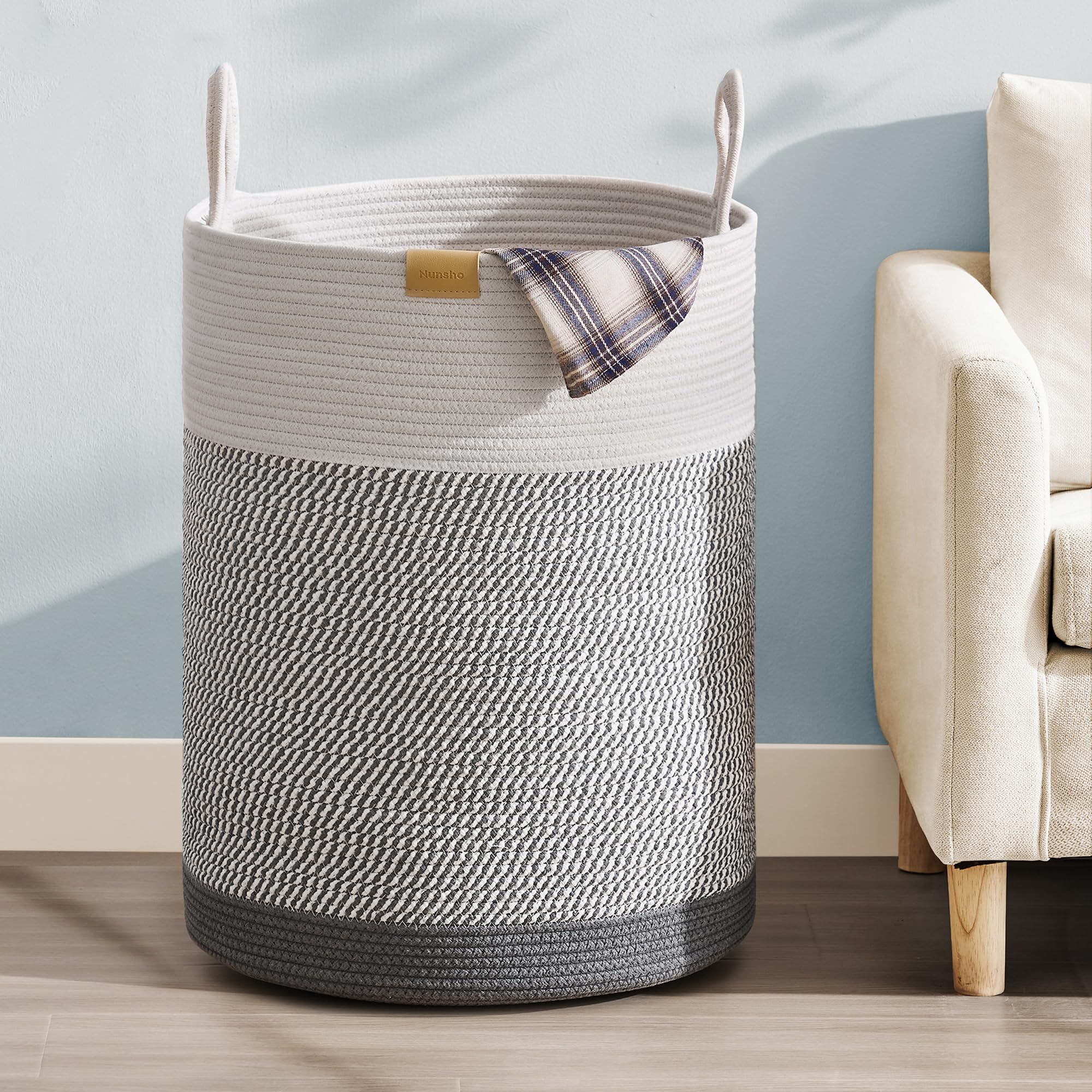 Nunsino 75L Laundry Hamper Basket,Baby Nursery Woven Storage Basket for Toys Bin,Pillows,Blankets,Clothes,Grey&White