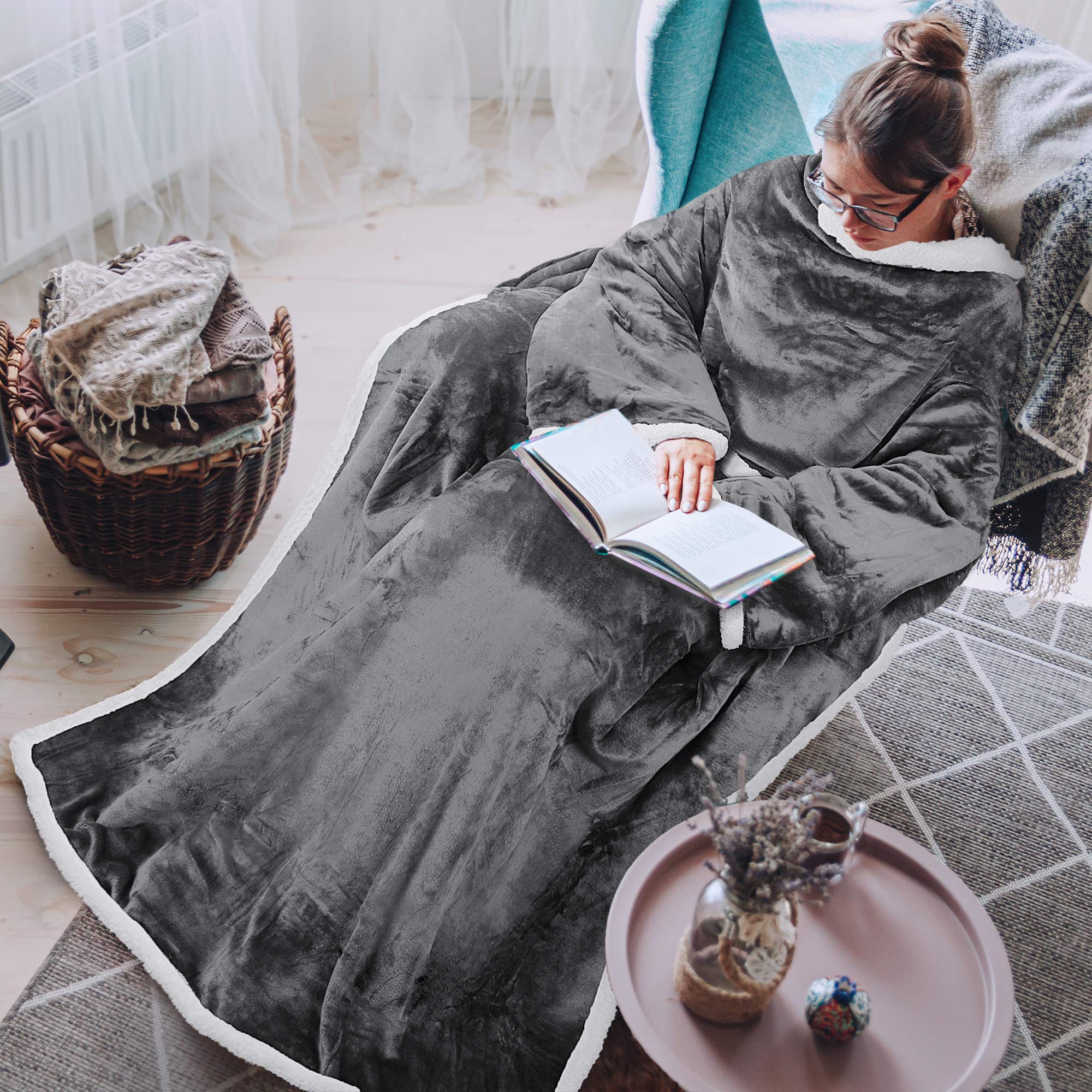 Tirrinia Sherpa Wearable Blanket Ultra Soft Comfy Warm Plush Full Body Throw With Sleeves, Reading Wrap Tv Blankets Robe Cover F